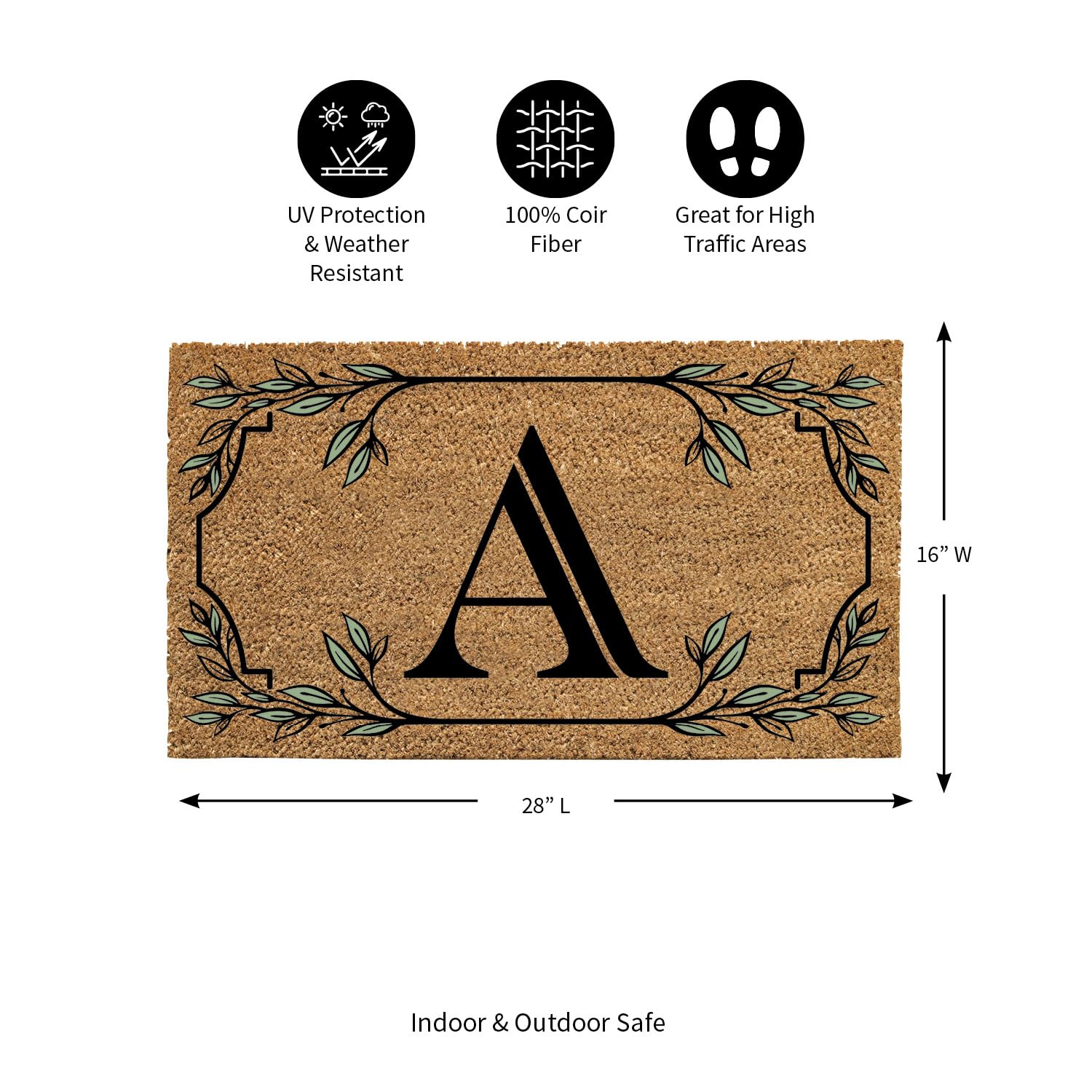 Evergreen Monogram Coir Doormat | Letter A | Front Door Mat For Outdoor Indoor Entrance | 28X16 Inches | Non-Slip Backing Doorwa