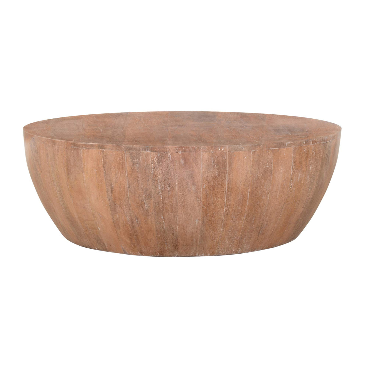 The Urban Port Drum Shape Wooden Coffee Table With Plank Design Base, Distressed Brown