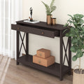 Treocho Black Console Table With Drawer And Storage Shelves, Foyer Sofa Table Narrow For Entryway, Living Room, Hallway