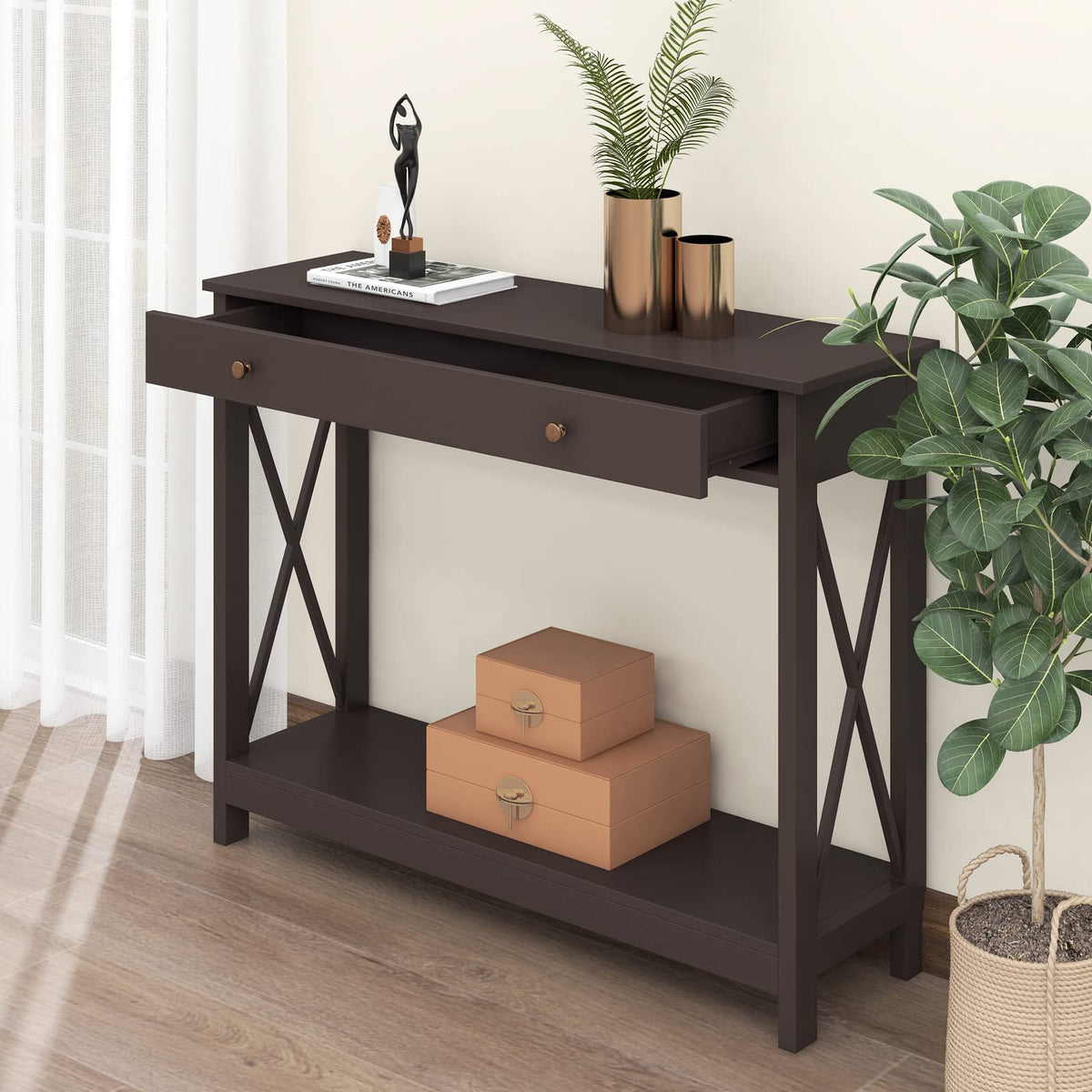 Treocho Black Console Table With Drawer And Storage Shelves, Foyer Sofa Table Narrow For Entryway, Living Room, Hallway