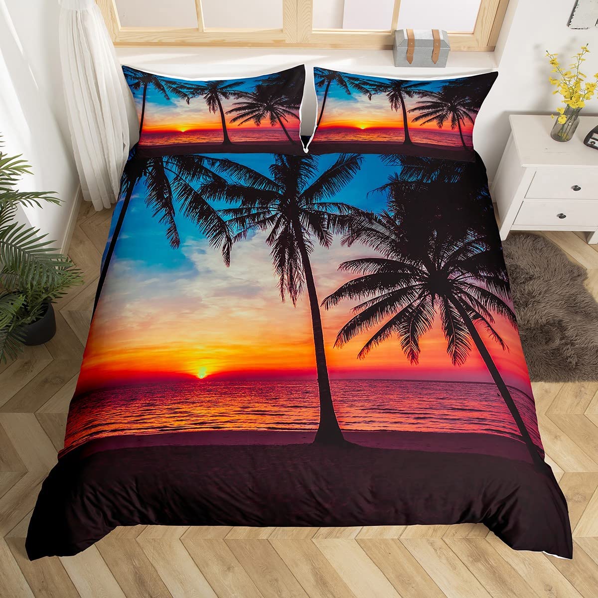 Feelyou Ocean Beach Themed Bedding Set Queen Size 3 Pcs,Tropical Sunset Beach With Palm Trees Comforter Cover,Peaceful Ocean Eve
