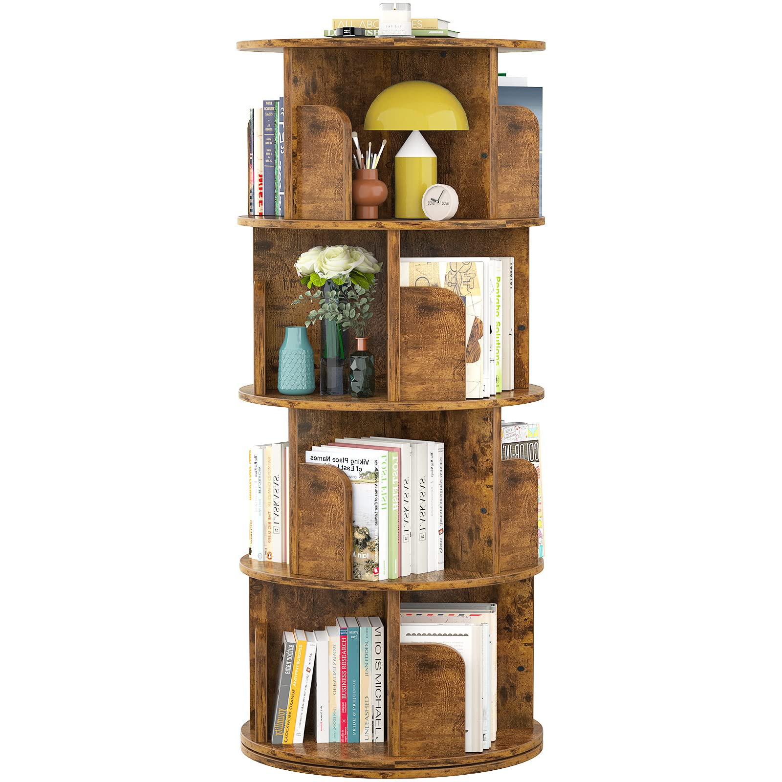 Aheaplus Rotating Bookshelf, Small Corner Bookshelf for Small Space, 360 Display 4 Tier Floor Standing Bookcase Storage Rack, Wo