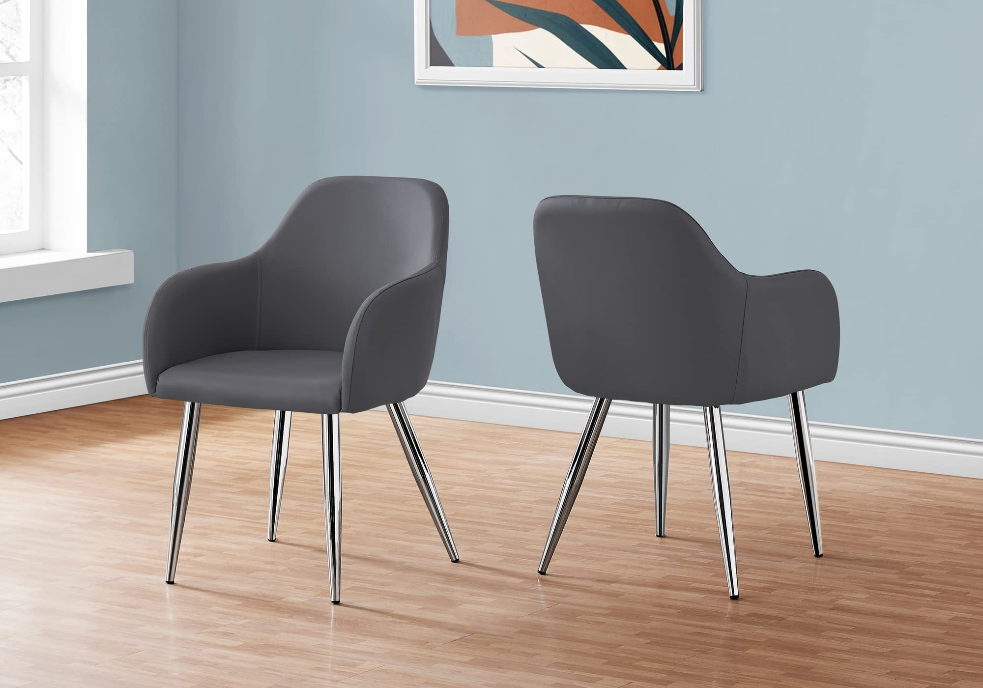 Monarch Specialties 1192 Chair, Set Of 2, Side, Upholstered, Kitchen, Dining Room, Pu Leather Look, Metal, Grey, Chrome, Contemporary, Modern Chair-2Pcs, 17.50&quot; L X 23.5&quot; W X 33&quot; H