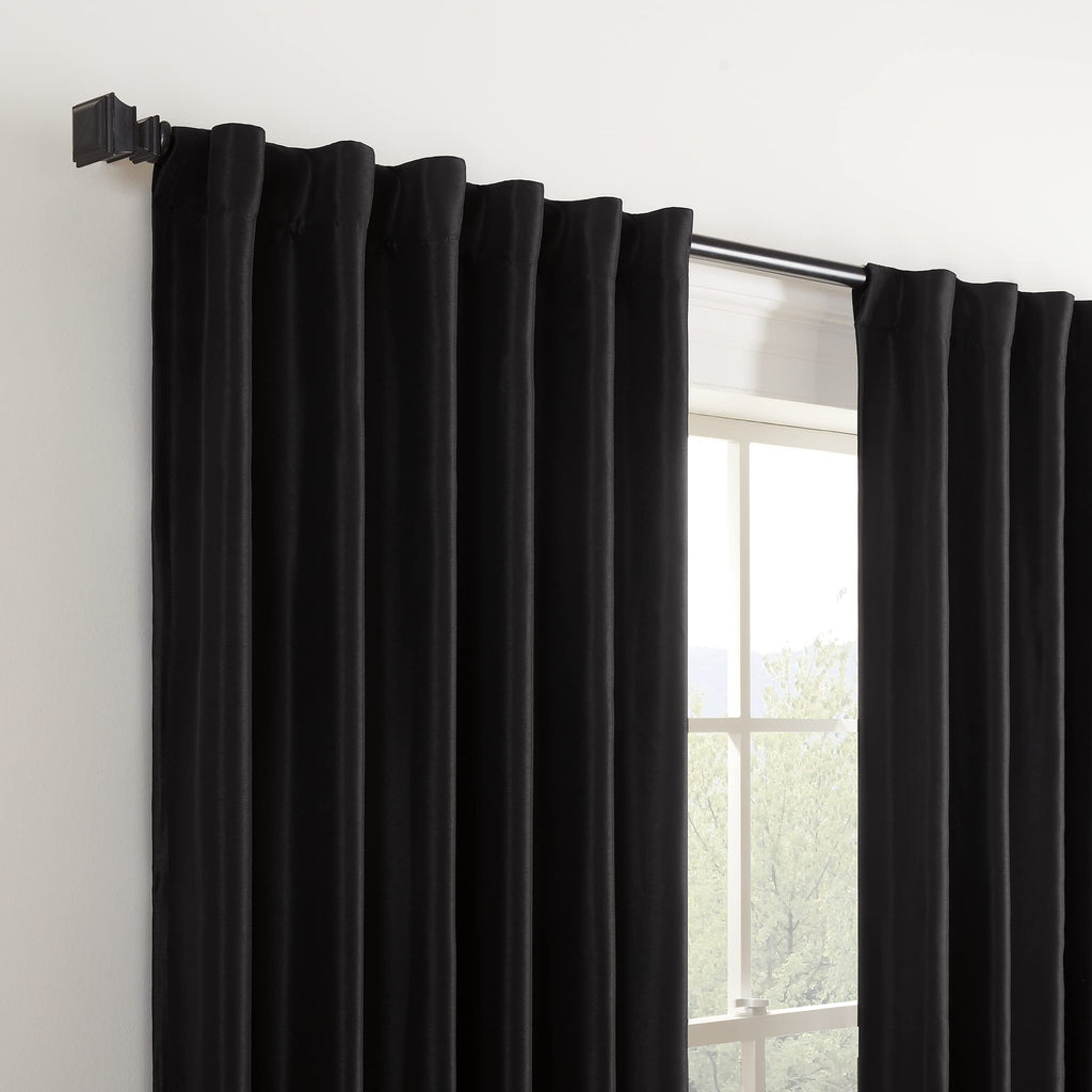 Eclipse Fresno Modern Blackout Thermal Rod Pocket Window Curtain For Bedroom (1 Panel), 52'' X 95'', Black