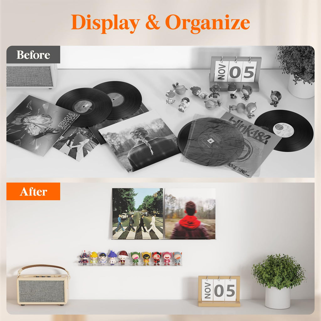 Lifewit Floating Shelves For Vinyl Record, 6 Pack 12' Clear Acrylic Wall Shelf Room Decor For Book/Photo/Picture/Makeup Display In Bedroom, Living Room, Bathroom Storage And Organization