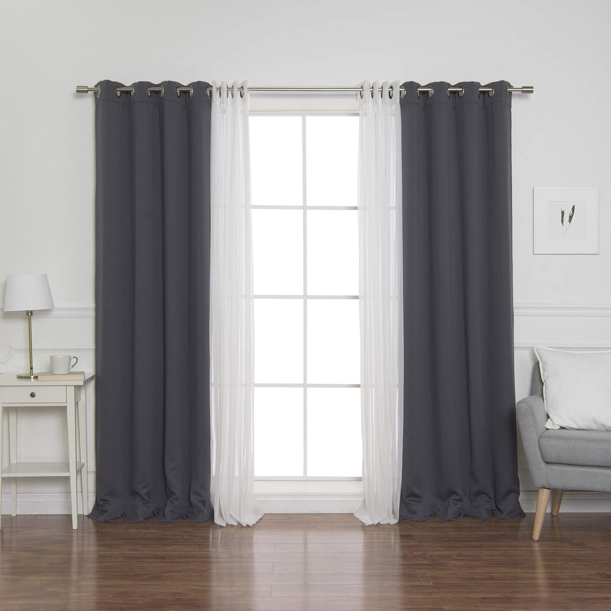 Best Home Fashion Umixm Tulle Sheer Lace & Blackout 4 Piece Curtain Set - Antique Bronze Grommet Top - Dark Grey - 52' W X 96'