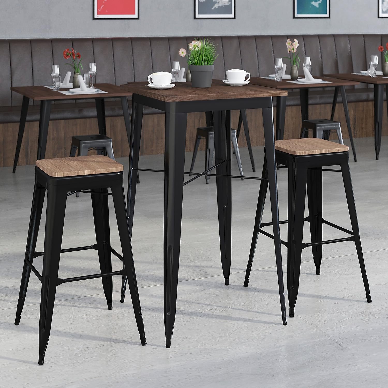 Flash Furniture 23.5&quot; Square Metal Bar Table Set With Wood Top And 2 Backless Stools, Black