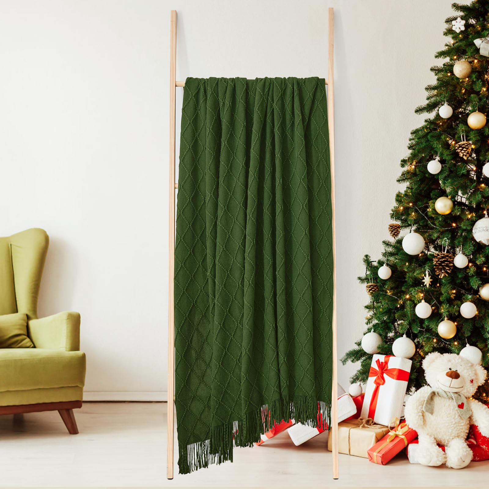 Inhand Knitted Throw Blankets For Couch And Bed, Soft Cozy Knit Blanket With Tassel, Dark Green Lightweight Decorative Blankets