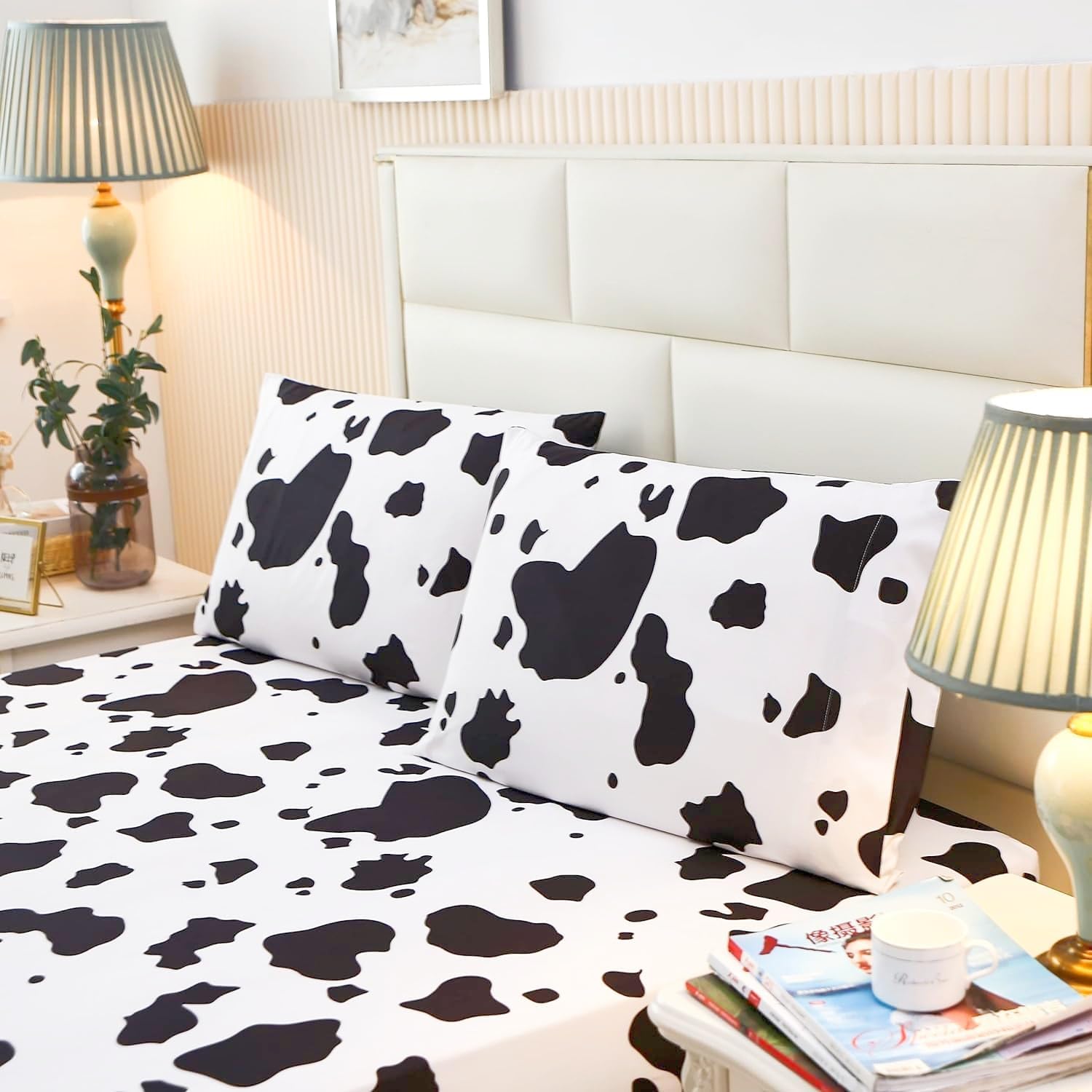 Sdy 3Pcs Milk Cow Print Stuff Bedding Fitted Sheet Set Queen Size, Cartoon Cow Pattern Fitted Sheet With Deep Pocket And 2 Pillo