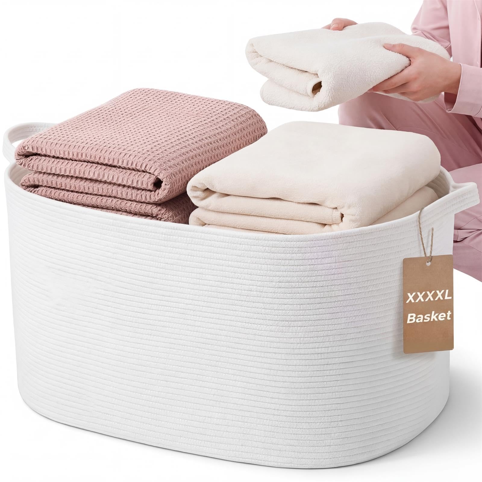XXXXL 125L Extra Large Woven Blanket Basket, 25 x 18 x 17 Jumbo Cotton Rope Storage Basket with Handles Toy Storage Bins for Lau