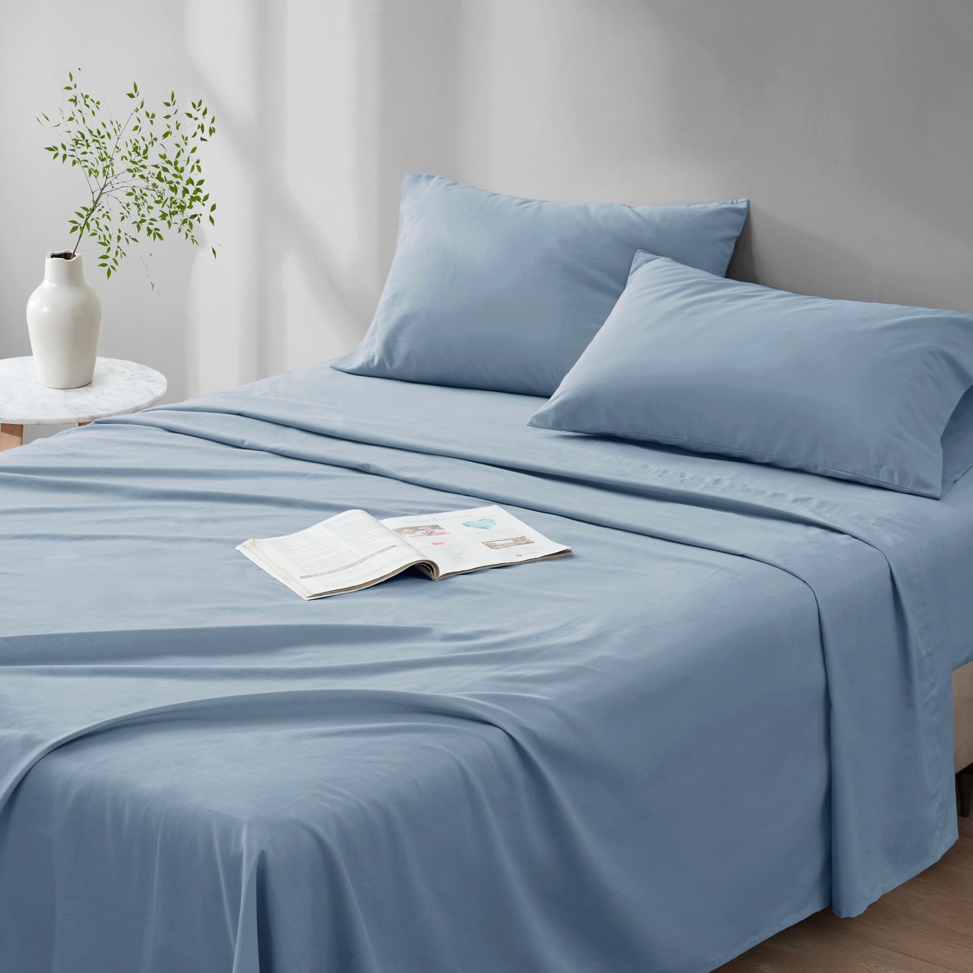 Comfort Spaces 100% Cotton Sheet Set Breathable, Lightweight, Soft With 14' Elastic Pocket Fits Up To 16' Mattress, All Season Cozy Bedding, Matching Pillow Case, Queen Blue 4 Piece
