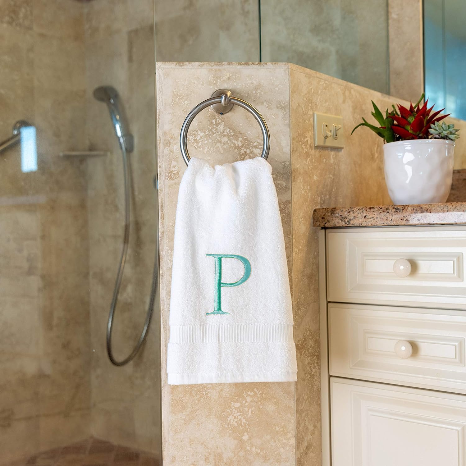 Teal Monogrammed Hand Towel For Bathroom - Initial Hotel Quality Decorative Embroidered Luxury Towel For Powder Room, Spa - Gots