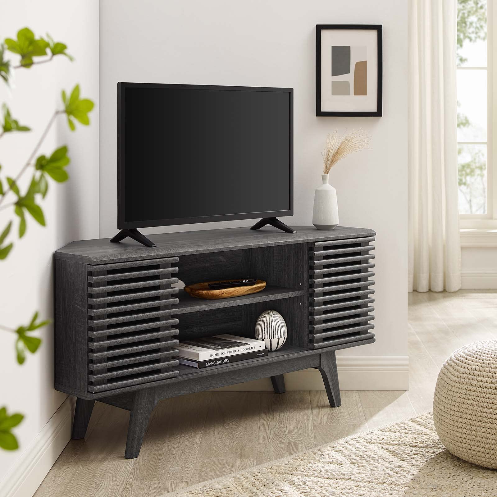 Modway Render Mid-Century Modern Low Profile 46&Quot; Corner Media Tv Stand In Charcoal