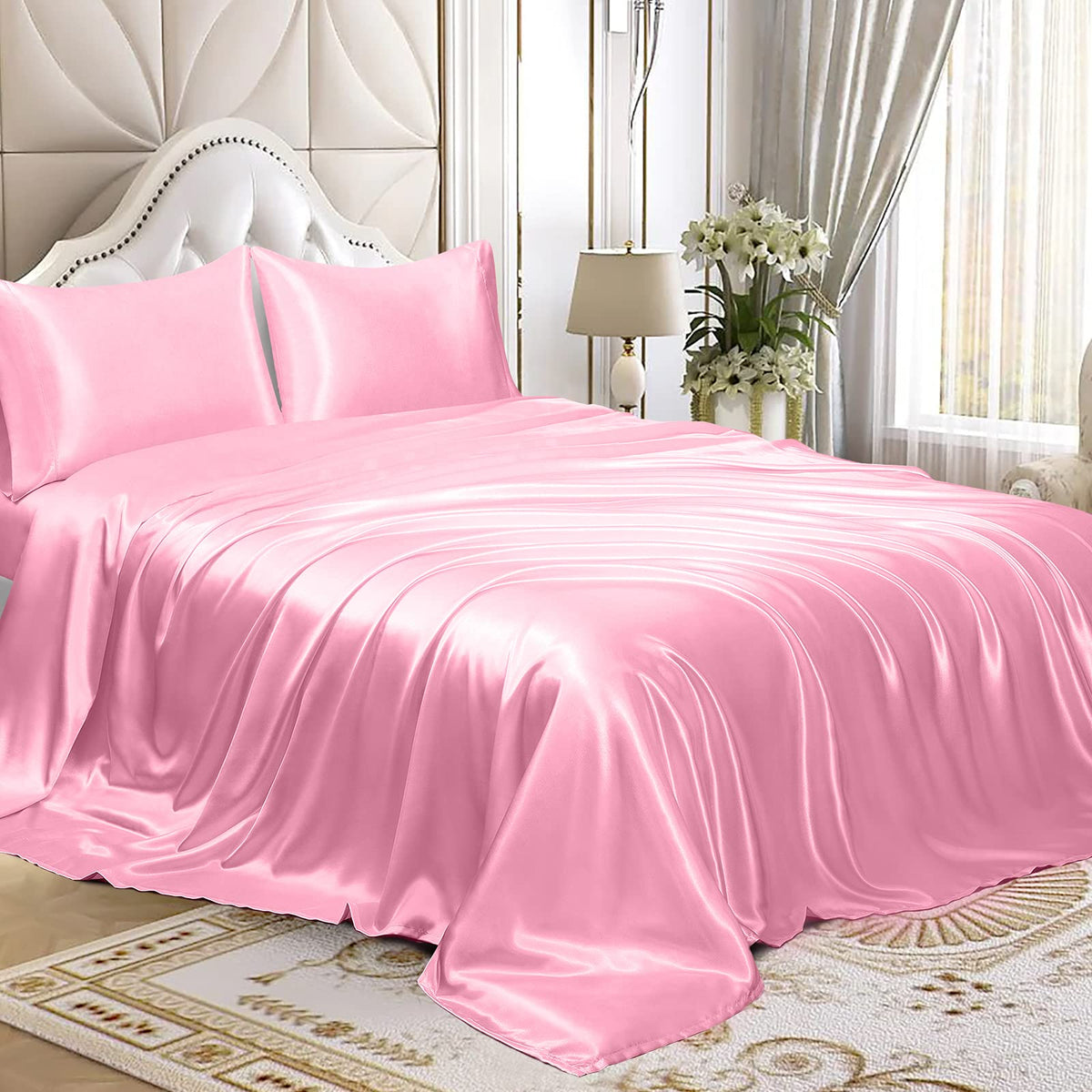Homiest 4Pcs Satin Sheets Set Luxury Silky Satin Bedding Set With Deep Pocket, 1 Fitted Sheet + 1 Flat Sheet + 2 Pillowcases (Ca
