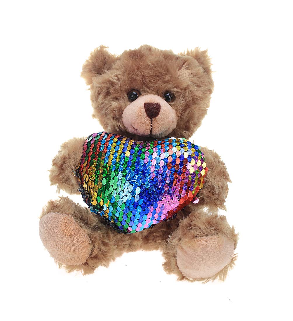 Plushland Stuffed Mocha Heart Bear - Plush Bear Toy for Kids & Adults - Embroidered Heart Pillow - Brown-6 inches (Colorful Hear
