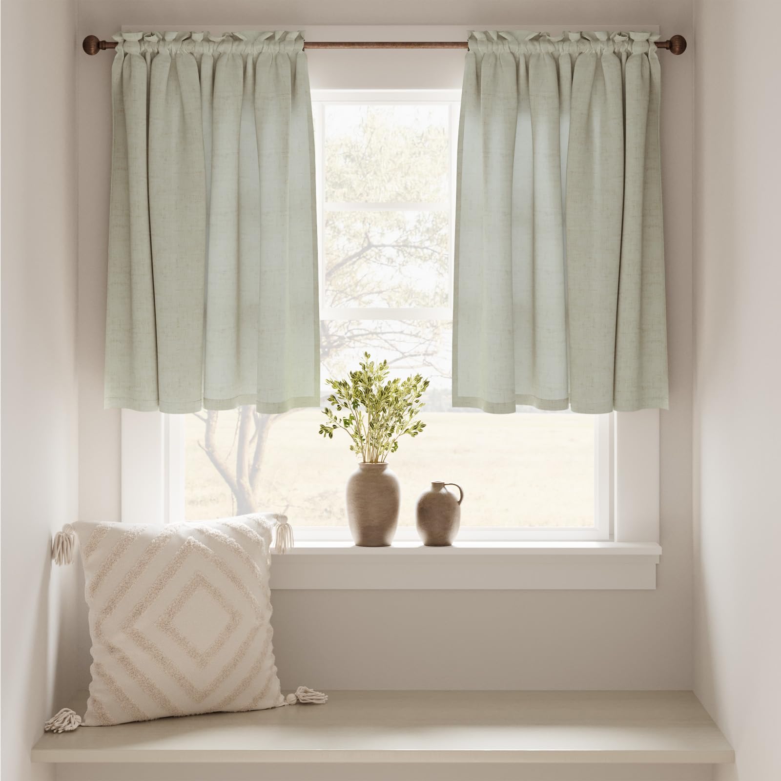 Jinchan Kitchen Curtains, Short Tier Linen Textured Window Curtains Set, Light Filtering For Living Room, Bathroom, Ideal For Cafe, Farmhouse And Country, 2 Panels, 36 Inch, Rod Pocket Heathered Oat