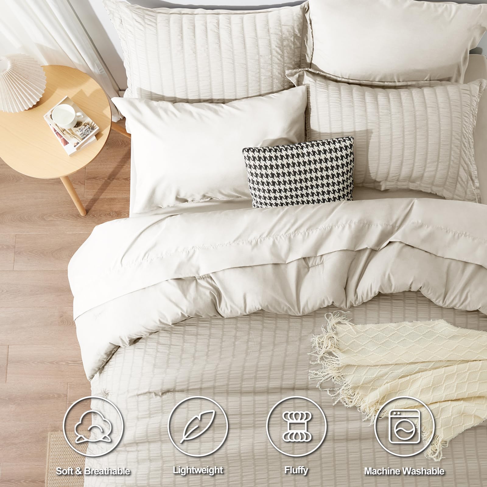 Cozylux King Seersucker Comforter Set With Sheets Oatmeal Bed In A Bag 7-Pieces All Season Bedding Sets With Comforter, Pillow Sham, Flat Sheet, Fitted Sheet, Pillowcase