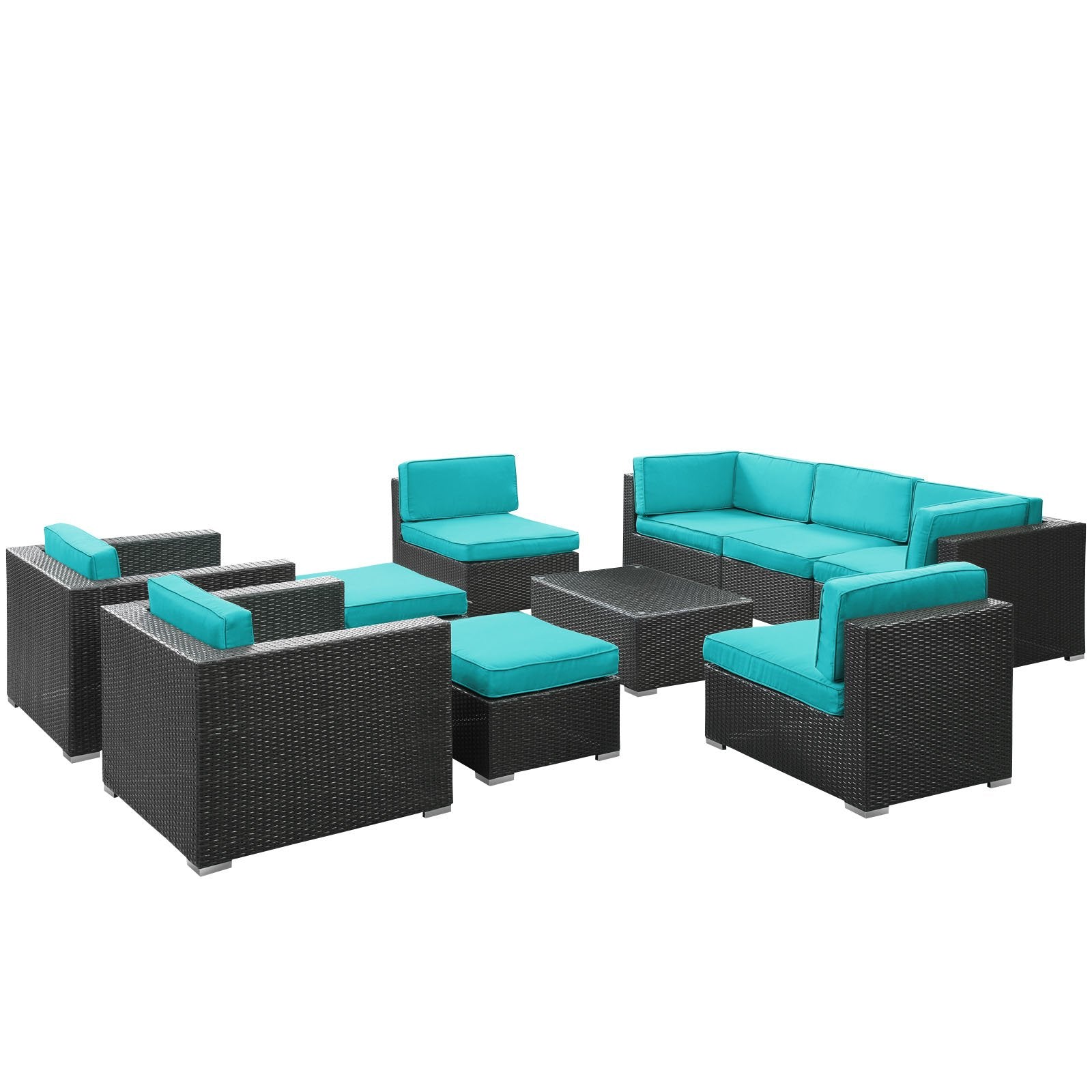 Modway Avia 10-Piece Outdoor Wicker Patio Sectional Espresso Sofa Set With Turquoise Cushions