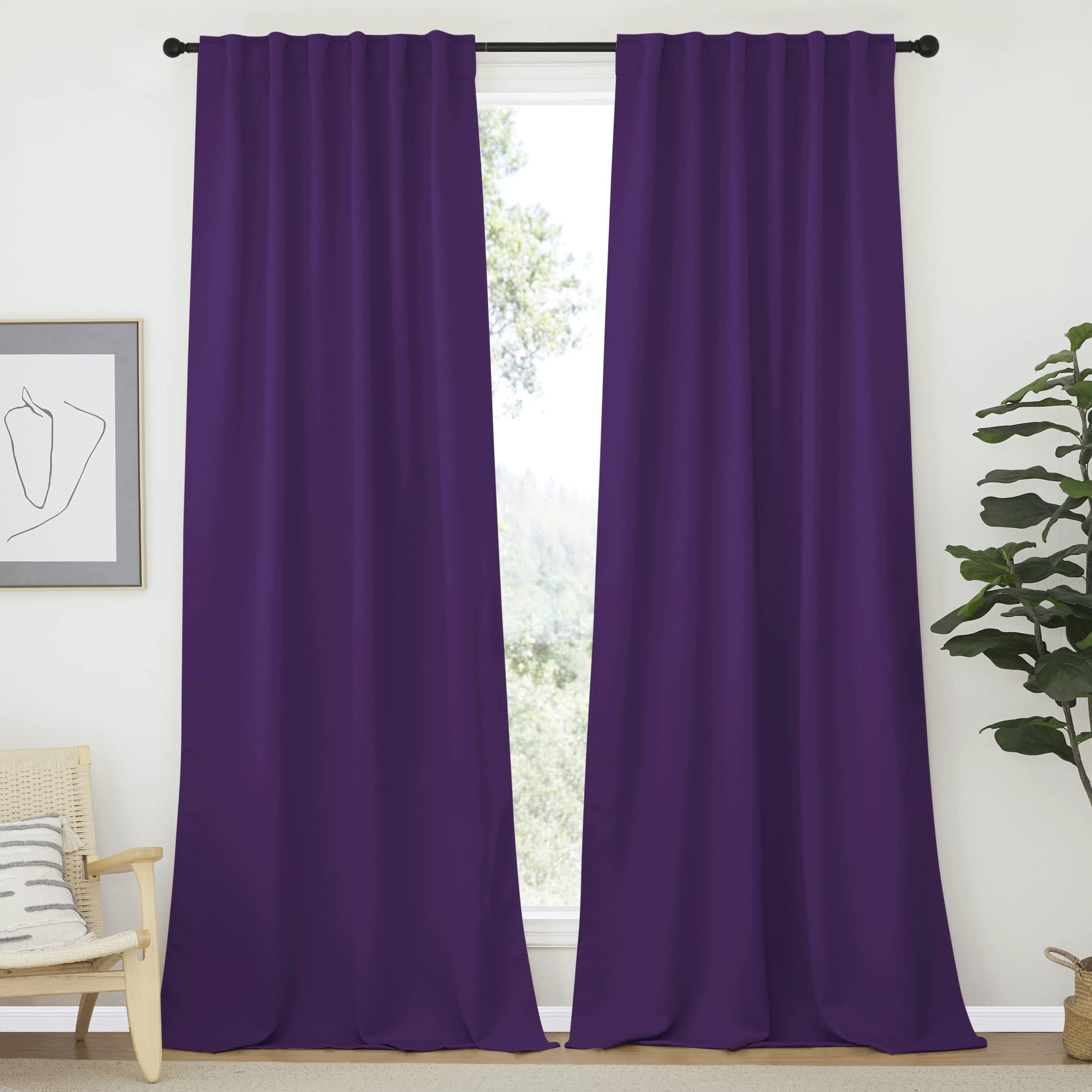 Nicetown Bedroom Blackout Draperies And Window Treatment- (Dark Royal Purple Color) 52 Width X 95 Length, 2 Panels Set, Solid Blackout Curtain Panels