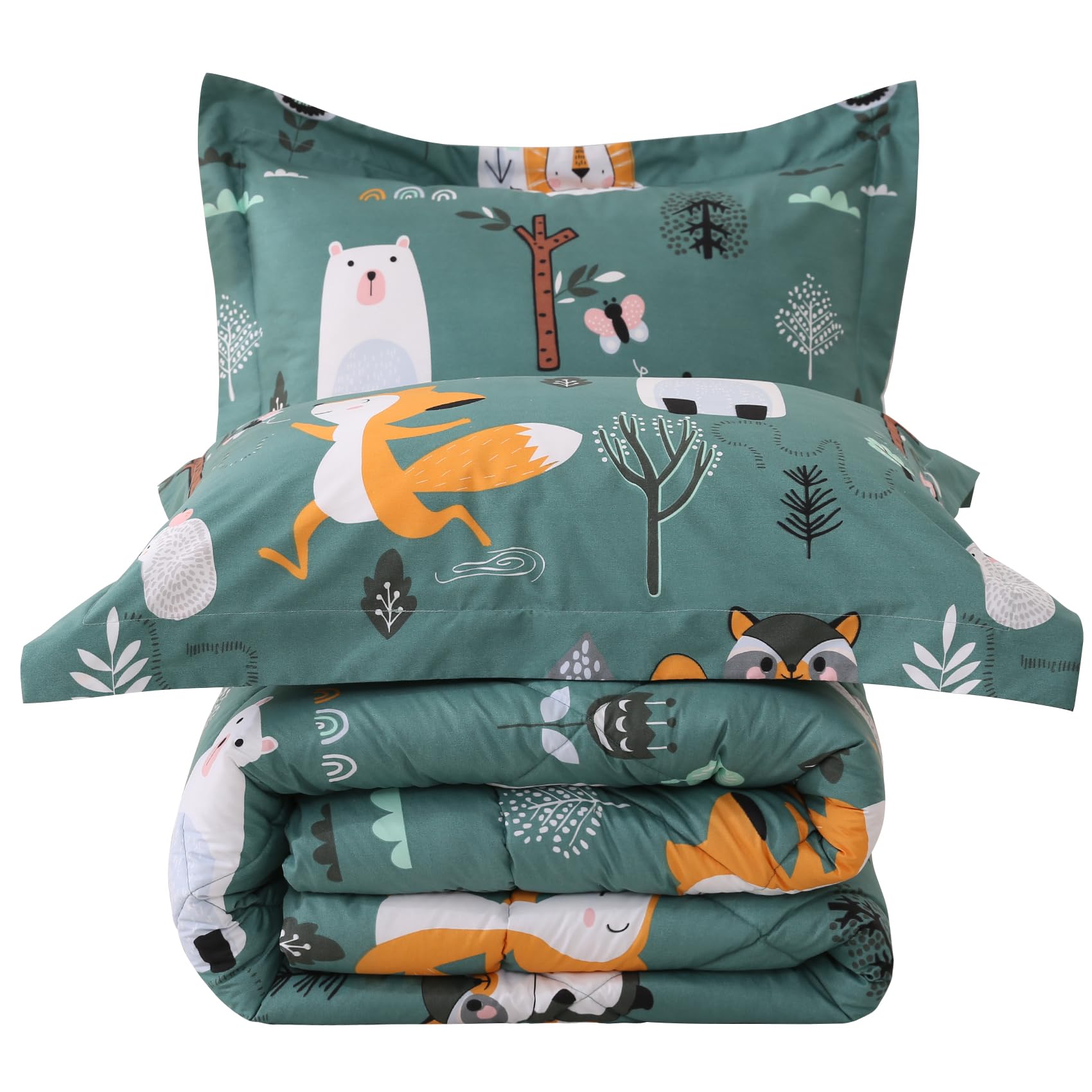 Jsd Green Forest Animals Kids Comforter Set Queen Size, 3 Piece Woodland Printed Microfiber Bedding Set, Machine Washable