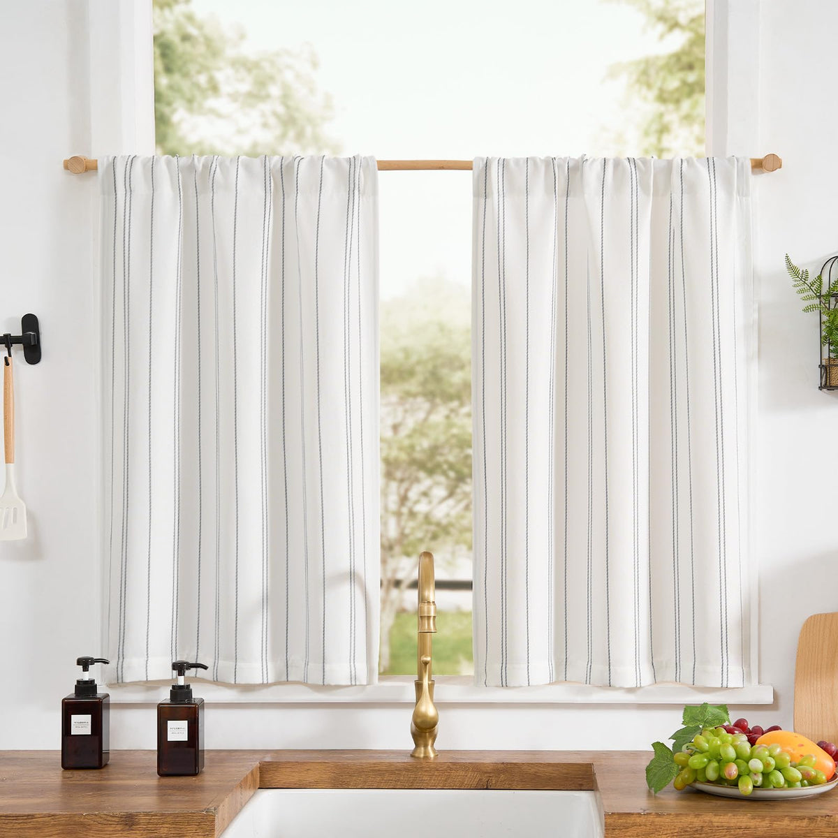 jinchan Striped Kitchen Curtains 36 Inches Linen Look Short Curtains for Windows Grey on White Cafe Curtains Modern Farmhouse Ti