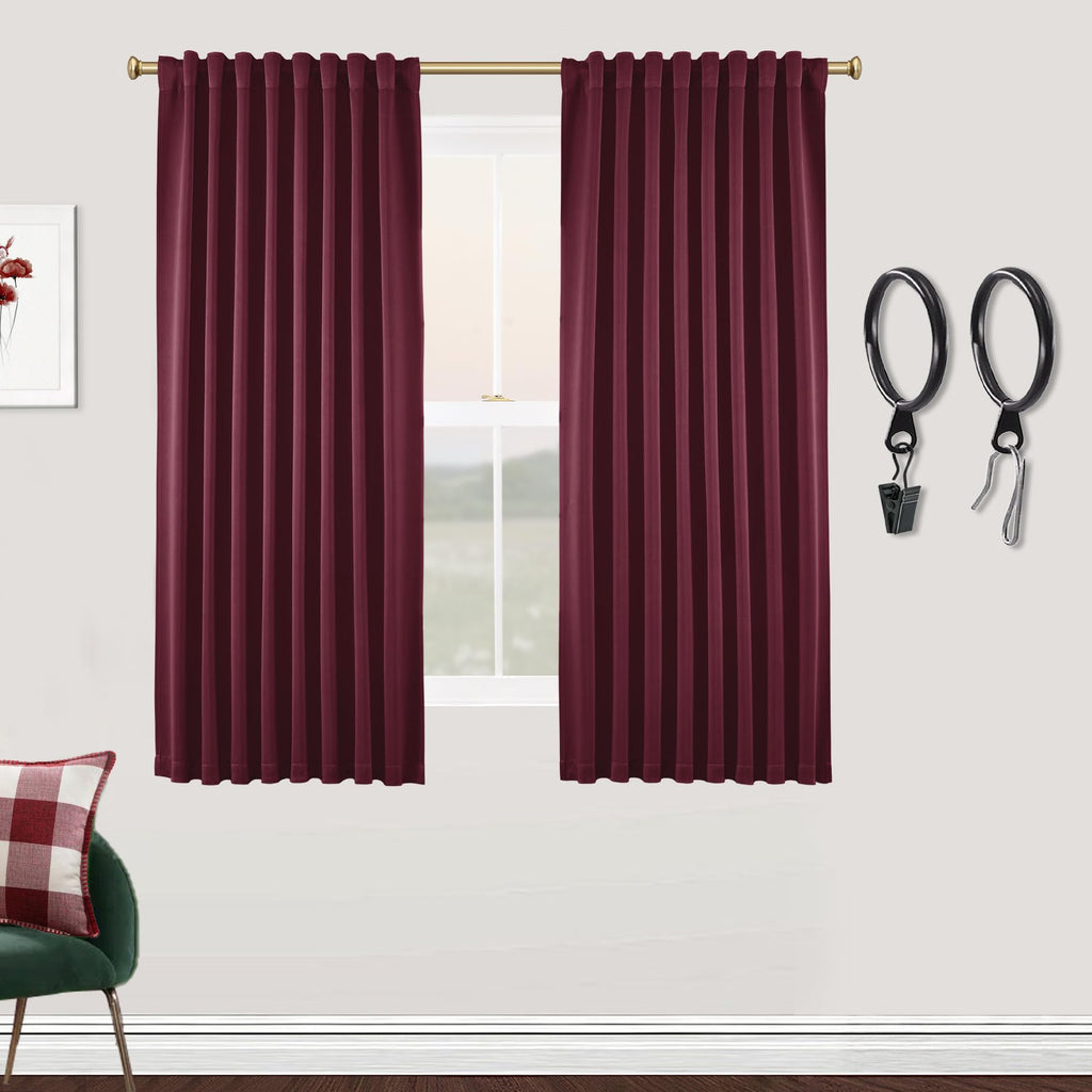 SHINELAND Wine Red Burgundy Curtains 63 Inch Length for Bedroom 2 Panels Winter Thermal Blackout Curtains for Kitchen