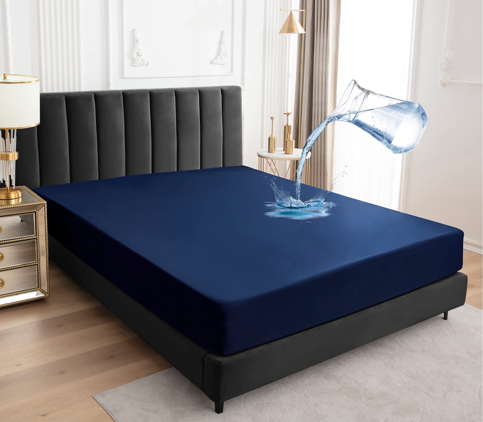 Sufdari Cal King Mattress Protector,Waterproof Mattress Protector,Fitted Sheet Style Mattress Cover With 18' Deep Pocket,Washable And Comfortable-Navy Blue,California King