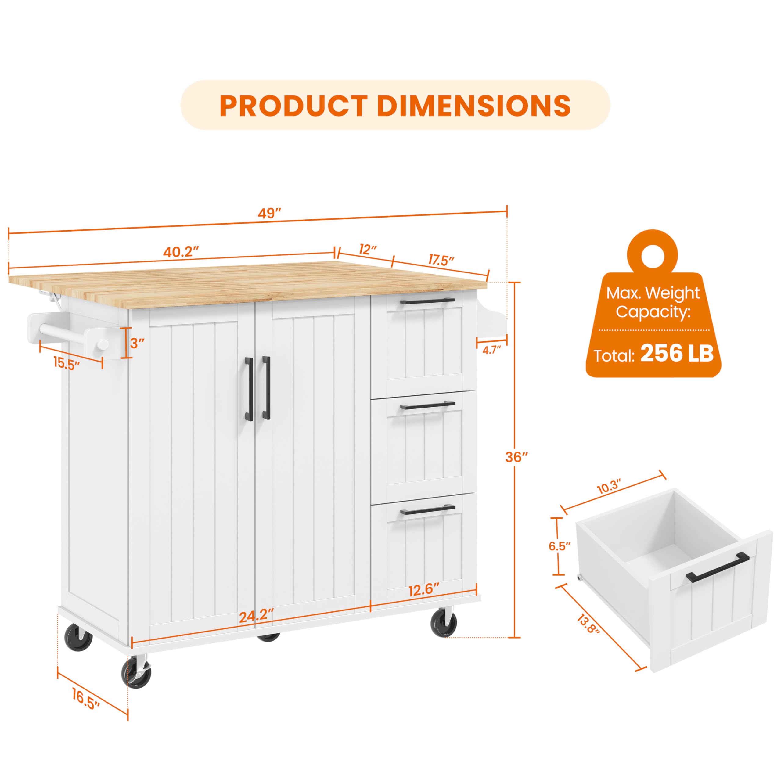 Yaheetech Kitchen Island With Drop-Leaf Breakfast Bar, 53' Width Kitchen Cart On 5 Universal Wheels With Rubberwood Top, Storage Cabinet, 3 Drawers, And Spice Rack For Dining Room, White