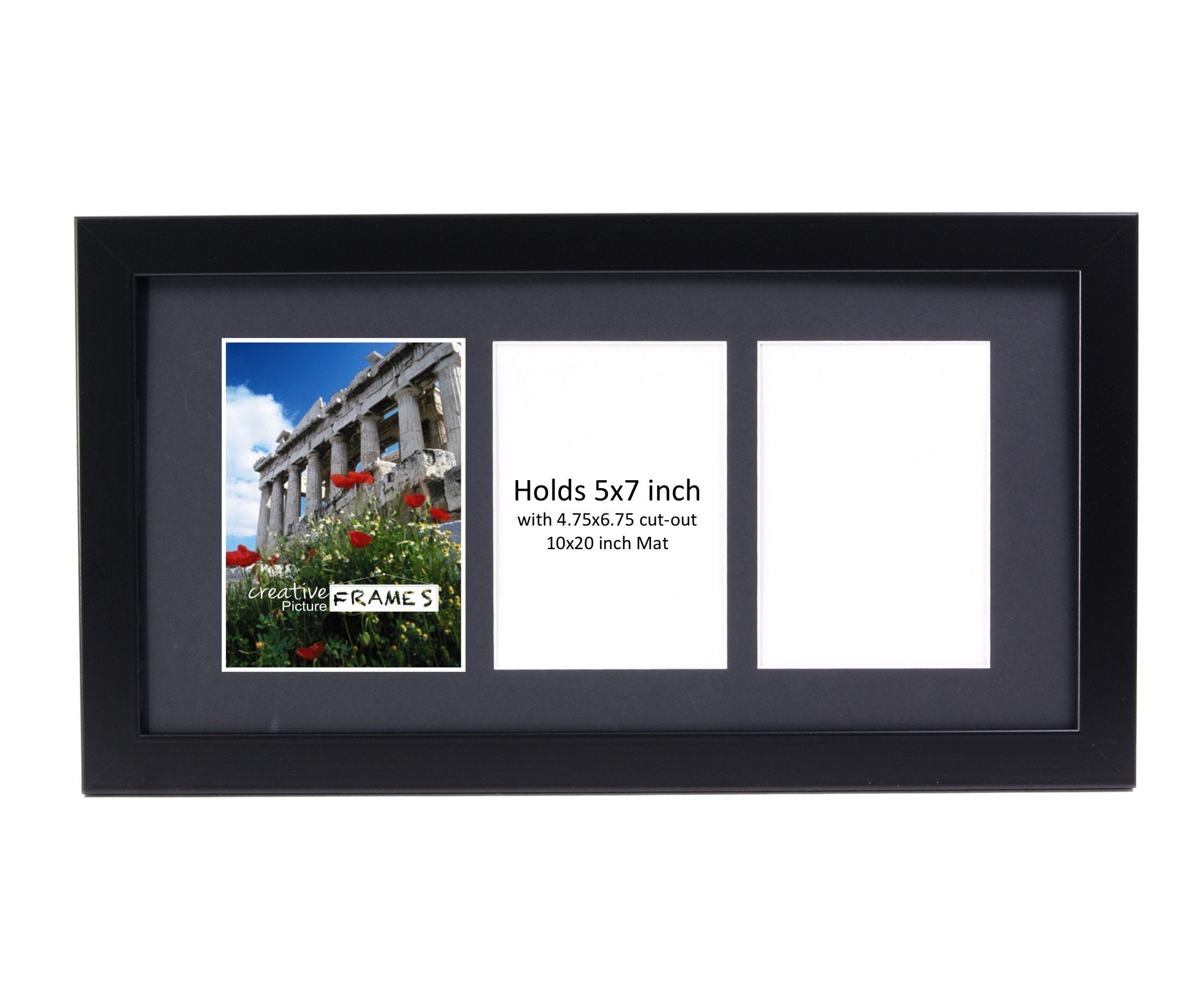 CreativePF- 3 Opening Black Picture Frame Holds 5 by 7-inch Media with 10x20-inch Black Mat Collage including Full Strength Glas