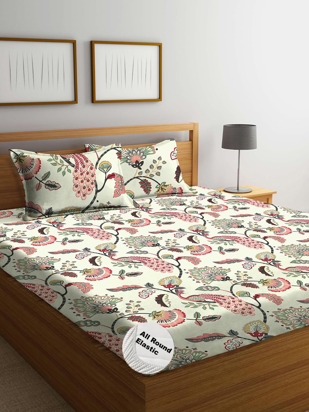 The Home Style Supersoft Glace Cotton Elastic Fitted All Around King Size Printed Double Bedsheet With 2 Pillow Cover & King Siz