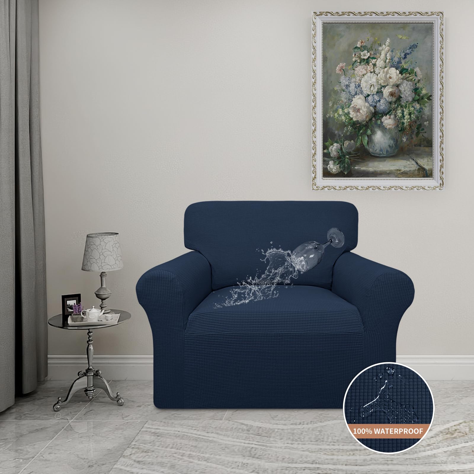 Easy-Going 100% Waterproof Oversized Chair Couch Cover, Dual Waterproof Sofa Cover, Stretch Jacquard Sofa Slipcover, Leakproof Furniture Protector For Kids, Pets, Dog And Cat, Dark Blue