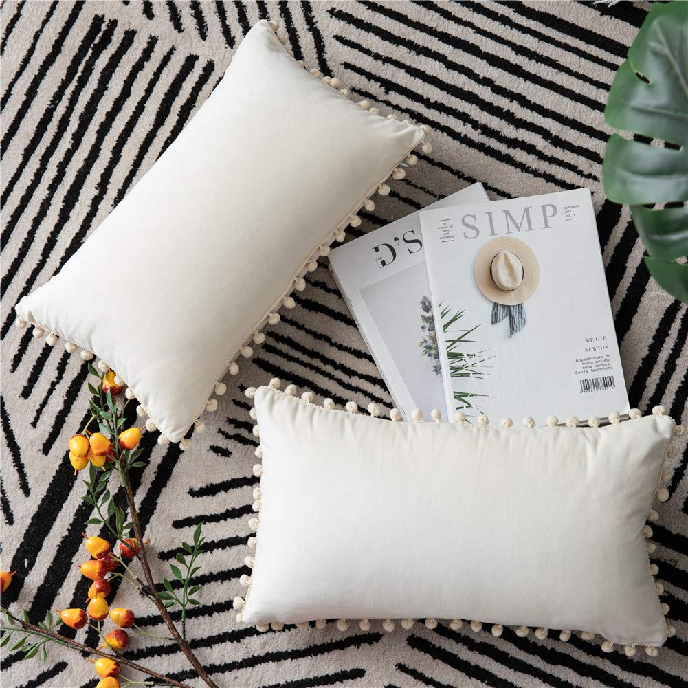 Dezene Couch Pillow Covers 12X20 Cream: 2 Pack Cozy Soft Pom-Poms Velvet Rectangular Throw Pillow Cases For Farmhouse Home Decor