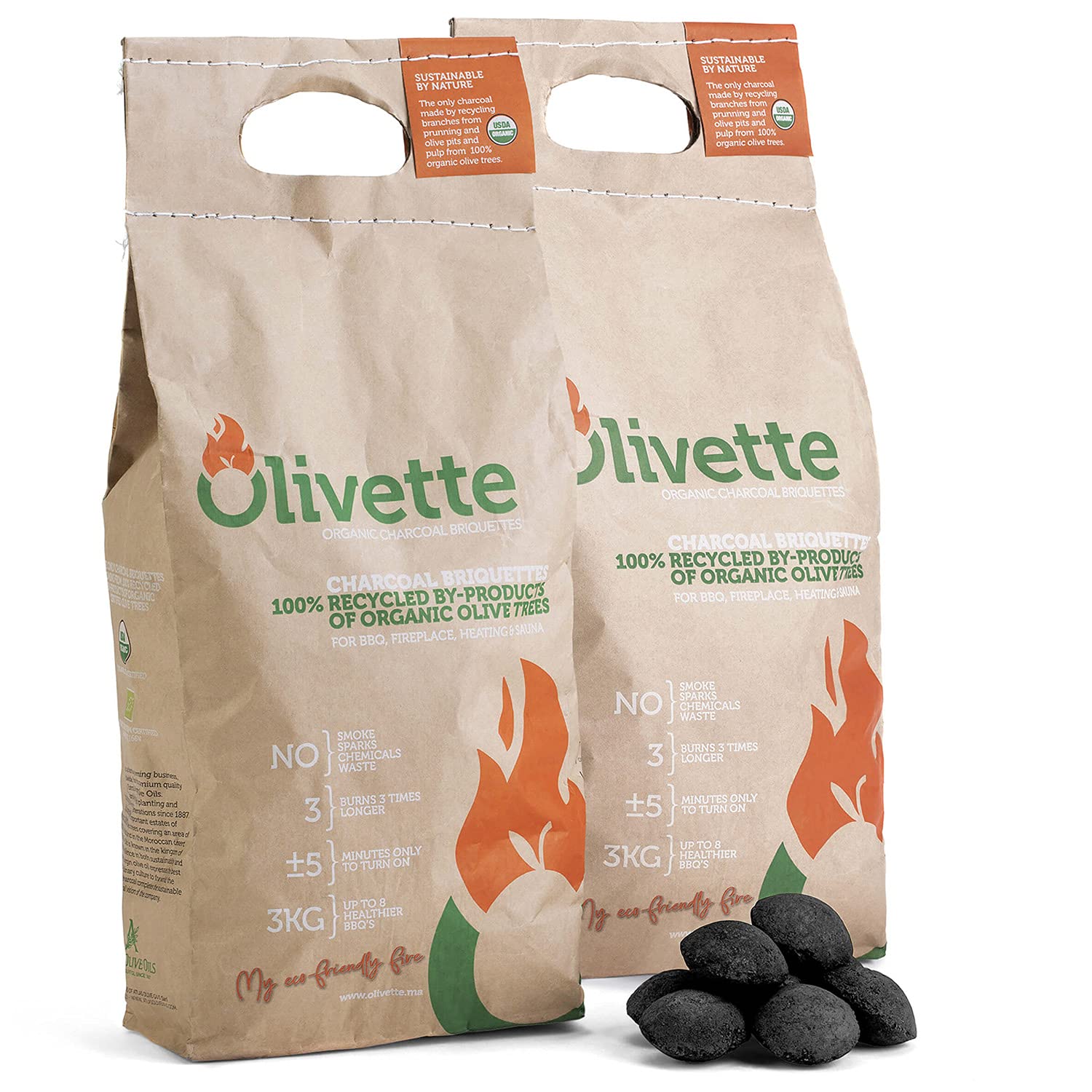 Organic Charcoal Briquettes By Olivette, Reusable Charcoal For Grilling, Usda Certified, Recycled Olive Tree Byproduct, Ready To