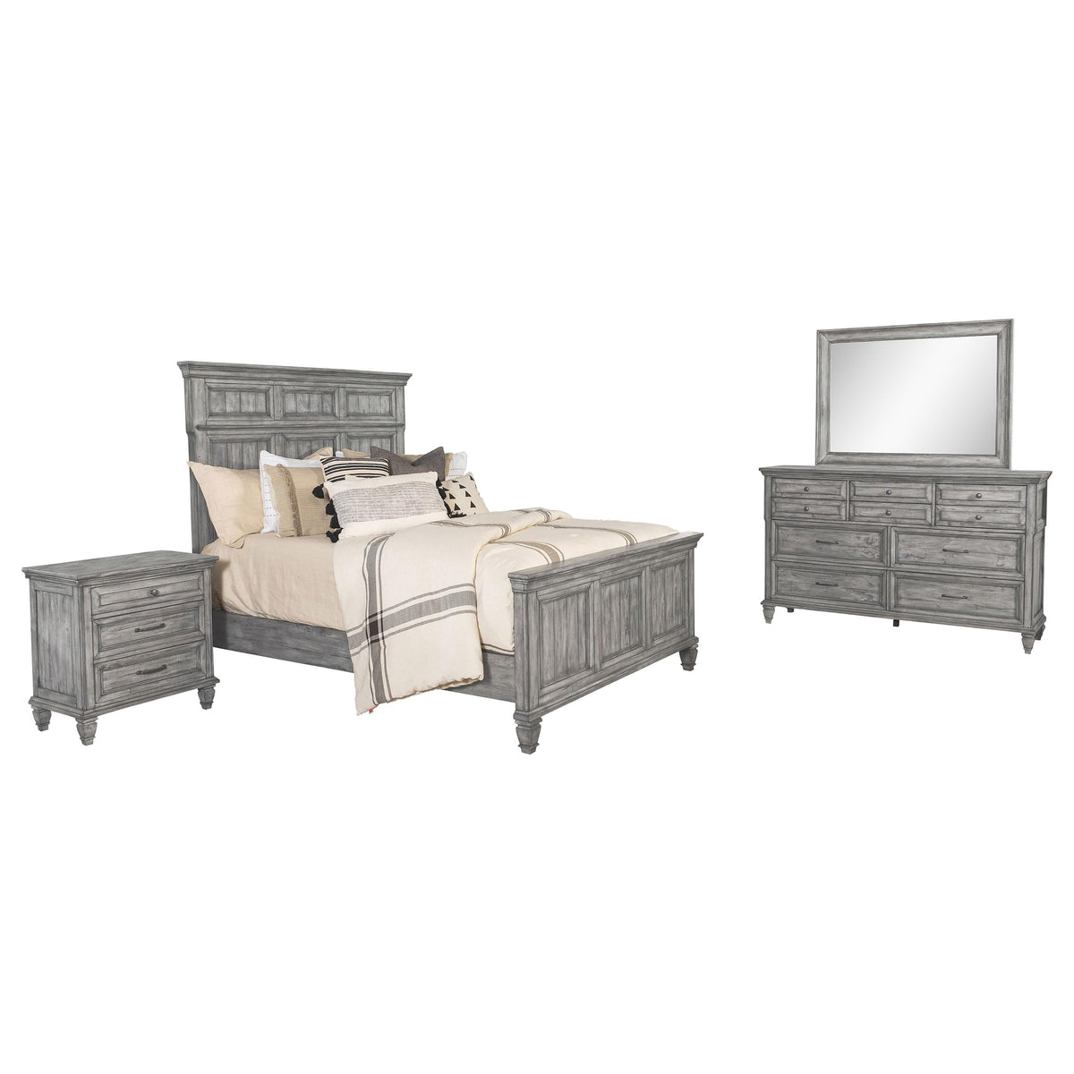 Coaster Home Furnishings Avenue Farmhouse 4-Piece Bedroom Set California King Size Panel Bed Frame 68-Inch Headboard Weathered Grey 224031Kw-S4