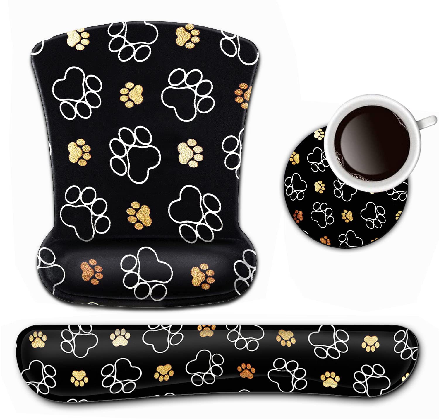 Keyboard Wrist Rest And Mouse Pad Wrist Support Set,Cute Dog Paw Prints Gold White Ergonomic Gel Mouse Pad,Easy Typing Pain Reli