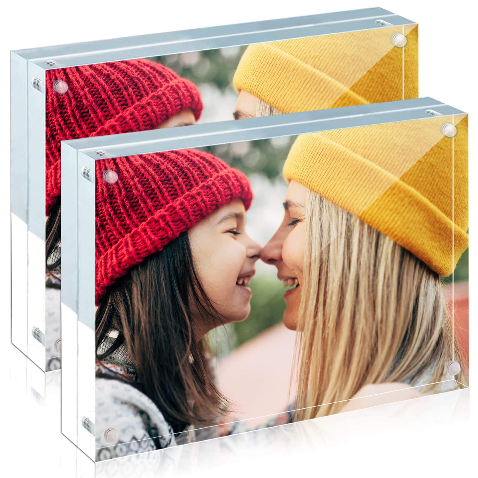 ILYXY 2 Pack Acrylic Frame 5x7, 20% Thicker, 24mm Thick Frameless Clear Picture Frame, Double Sided Magnetic Photo Frame, Free S