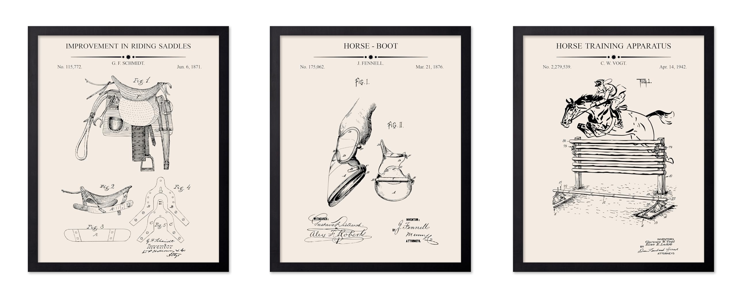 Poster Master 3-Piece Equestrian Blueprint - Riding Saddles Patent Print - Horse Boot and Training Apparatus Art - Sports Drawin