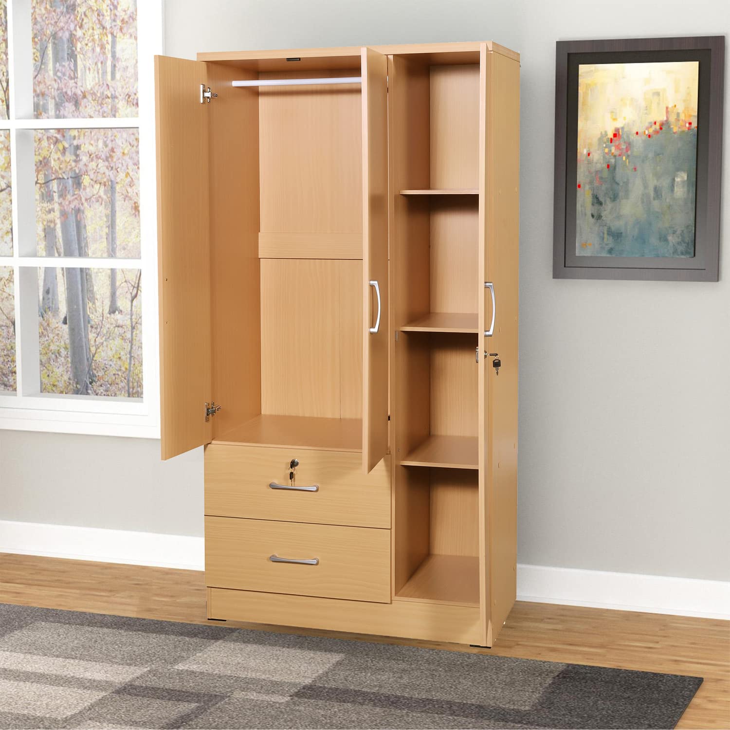 Better Home Products Symphony Wardrobe Armoire Closet with Two Drawers in Maple