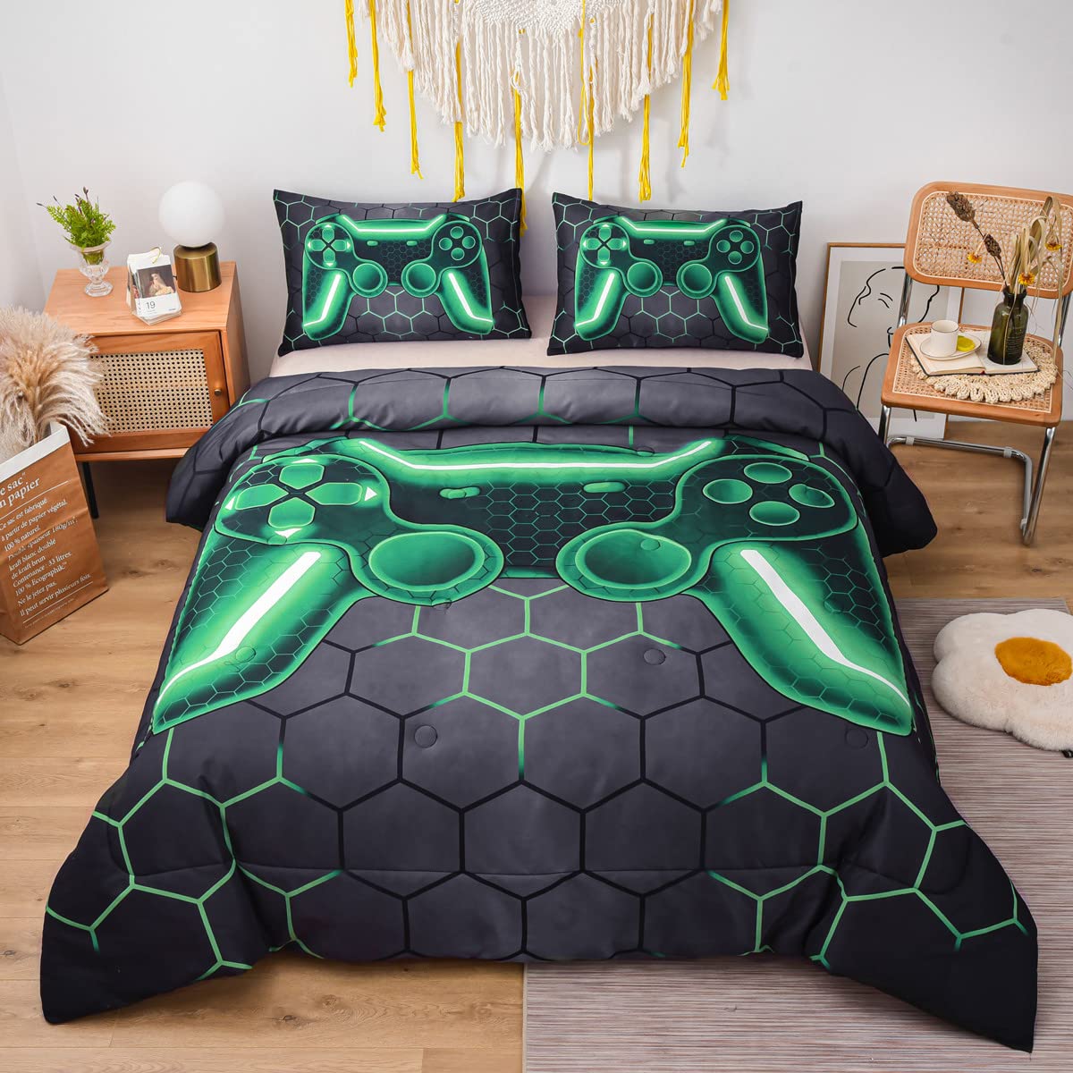 Ntbed Game Console Comforter Set For Boys Girls Kids Geometric Lightweight Microfiber Bedding Sets (Green, Queen)