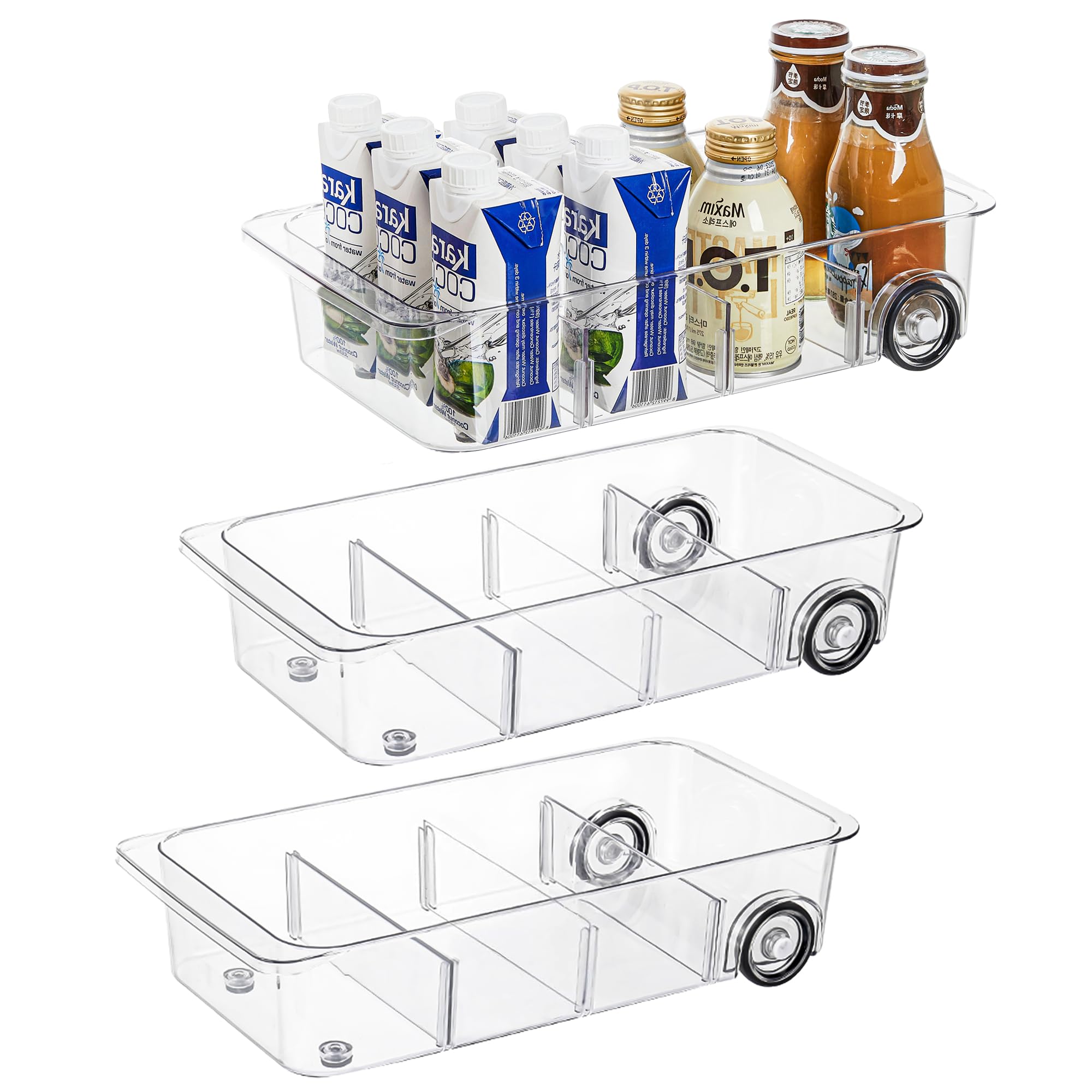 Attelite 3 Pack Fridge Organizer On Wheels,Roll Out Refrigerator Organizers And Storage Clear Design With Dividers,Upgrade Thick