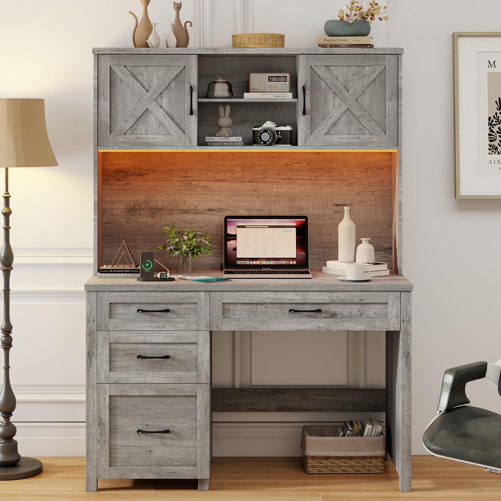 Farmhouse 67 ' H Executive Desk With Hutch,Office Desk With 4 Drawers And Led Light, Computer Table With Storage Cabinet & File