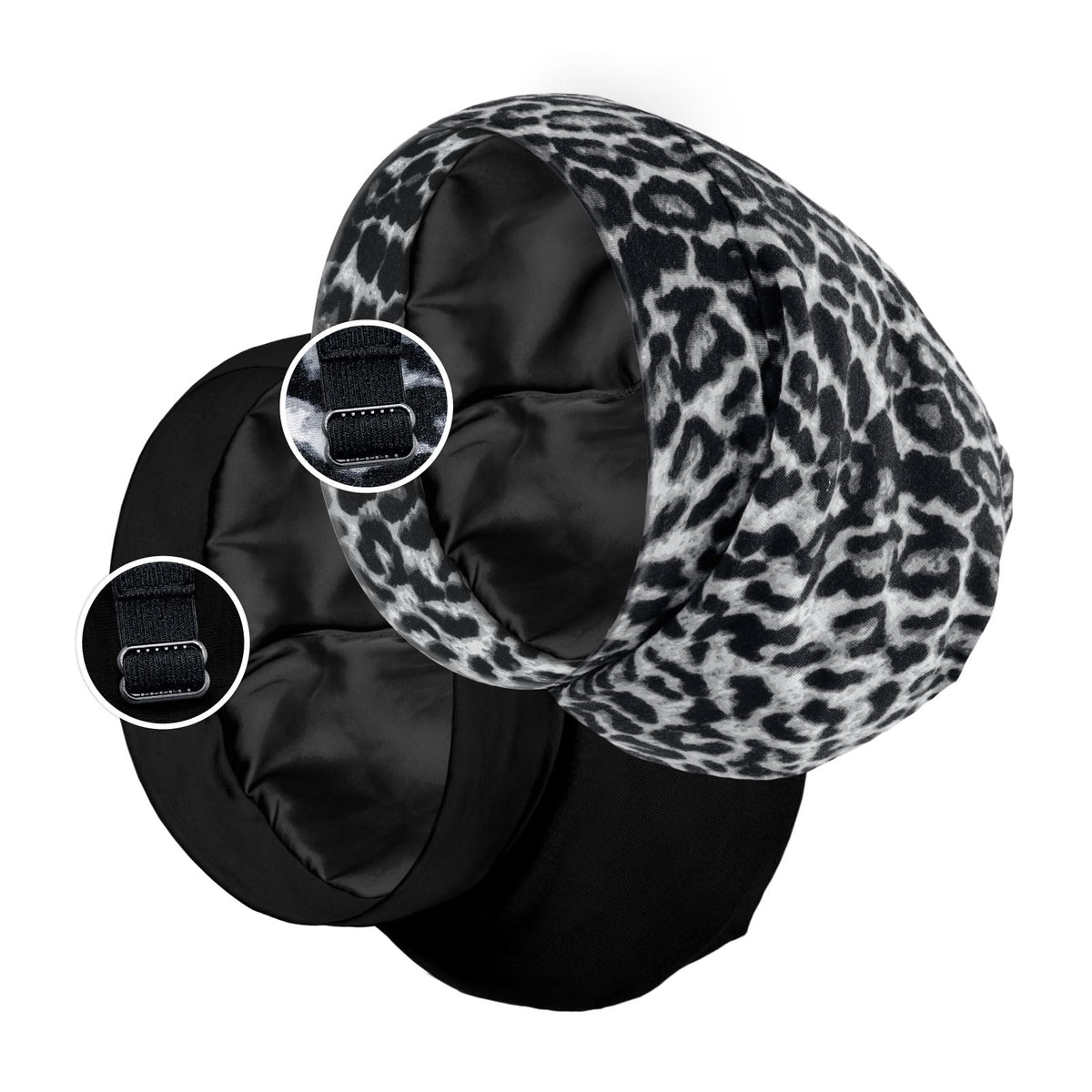 Satin Lined Sleep Cap Bonnet for Curly Hair and Braids, Stay On All Night Hair Wrap with Adjustable Strap for Women and Men, Bla