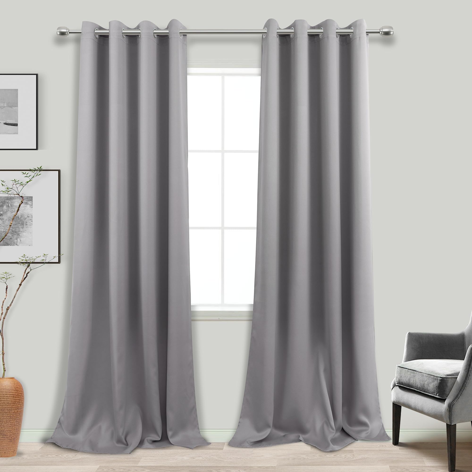 Koufall Blackout Curtains 108 Inches Long For Living Room 2 Panel Set,Black Out Room Darkening Drapes 2 Panels Set,Light Grey