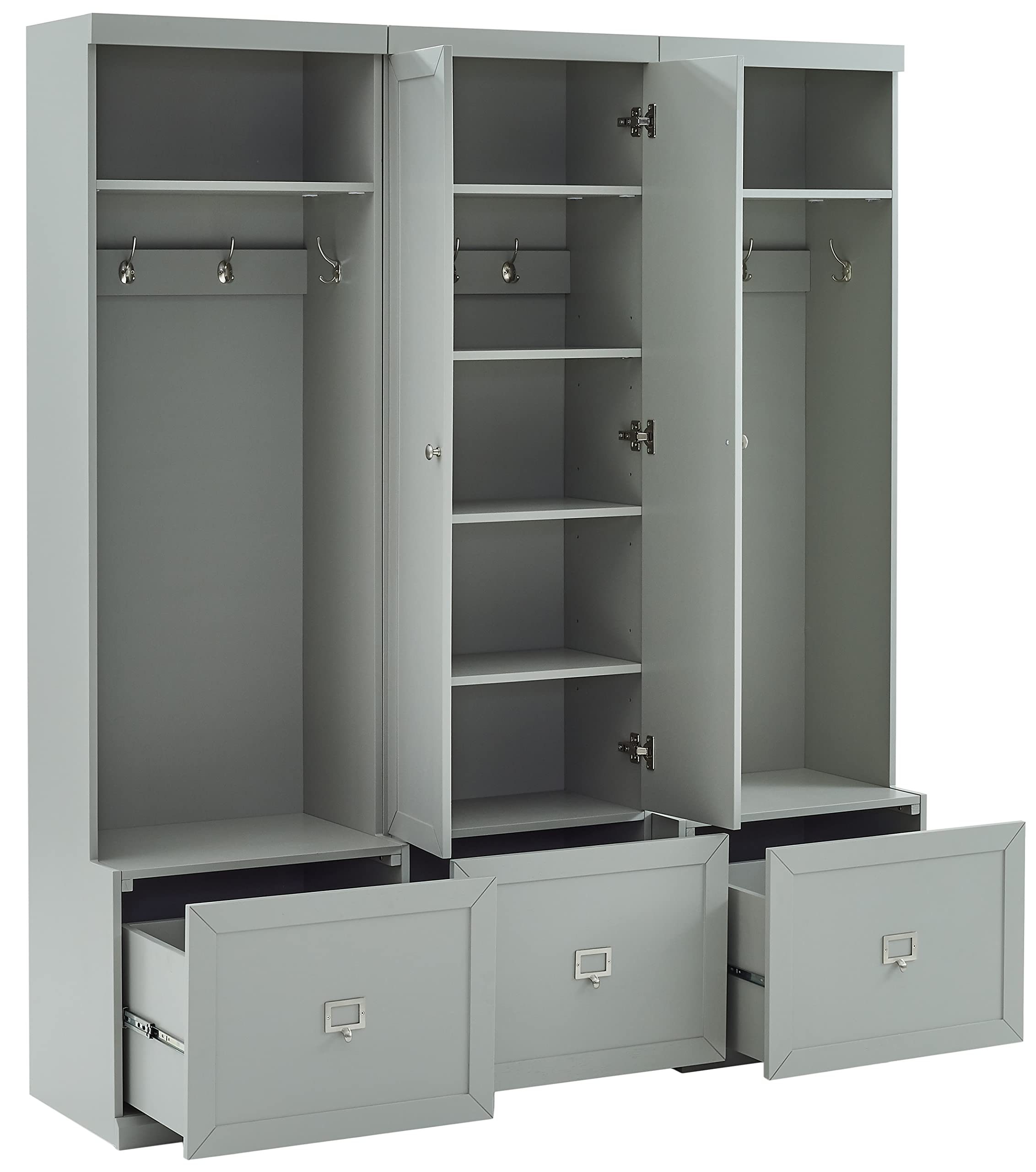 Crosley Furniture Harper 3-Piece Hall Tree and Storage Cabinet Set with Entryway Bench and Hooks for Hanging, Gray