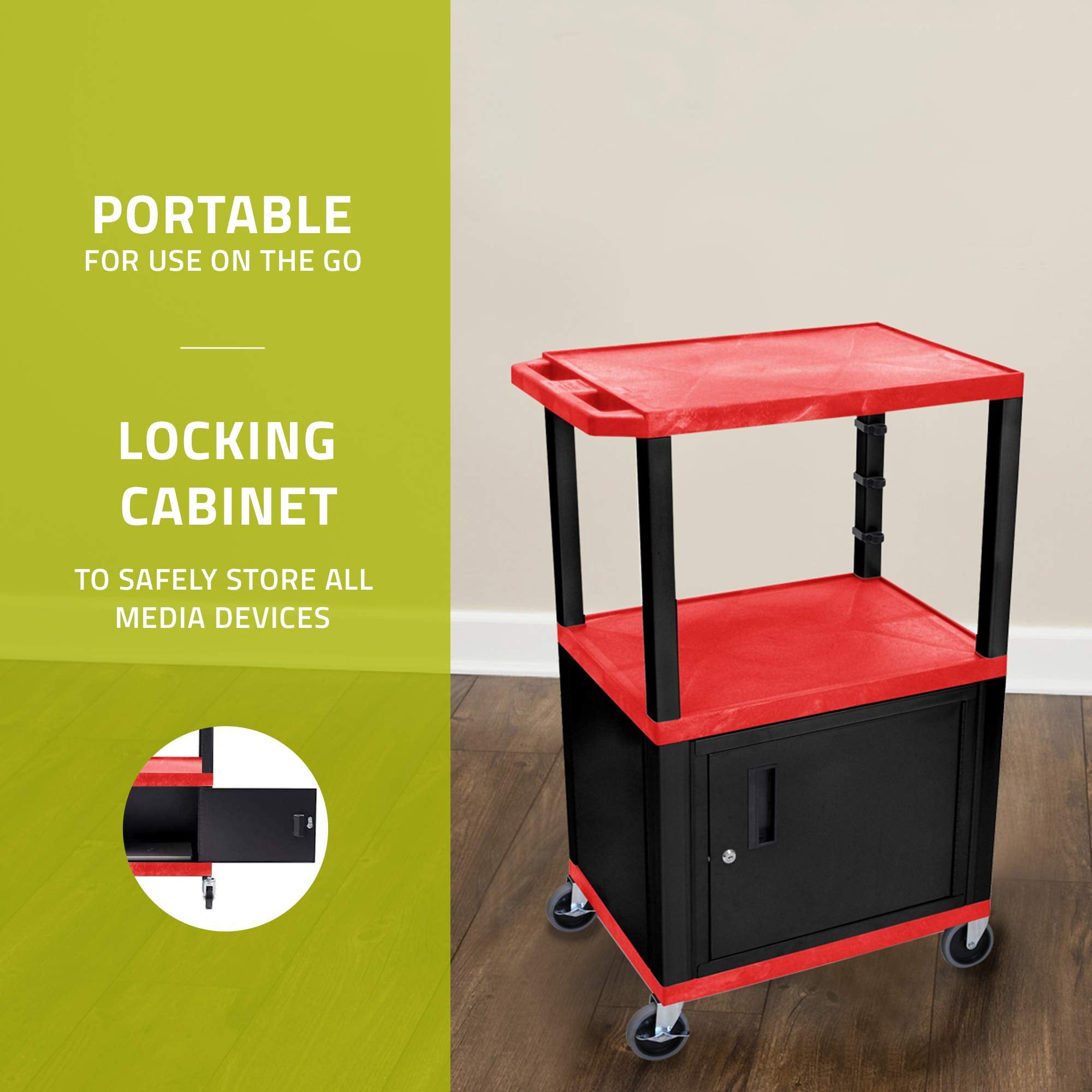 Luxor Multipurpose 42'H Red Audio Video Utility Cart With 3 Shelves, Cabinet - Black Legs