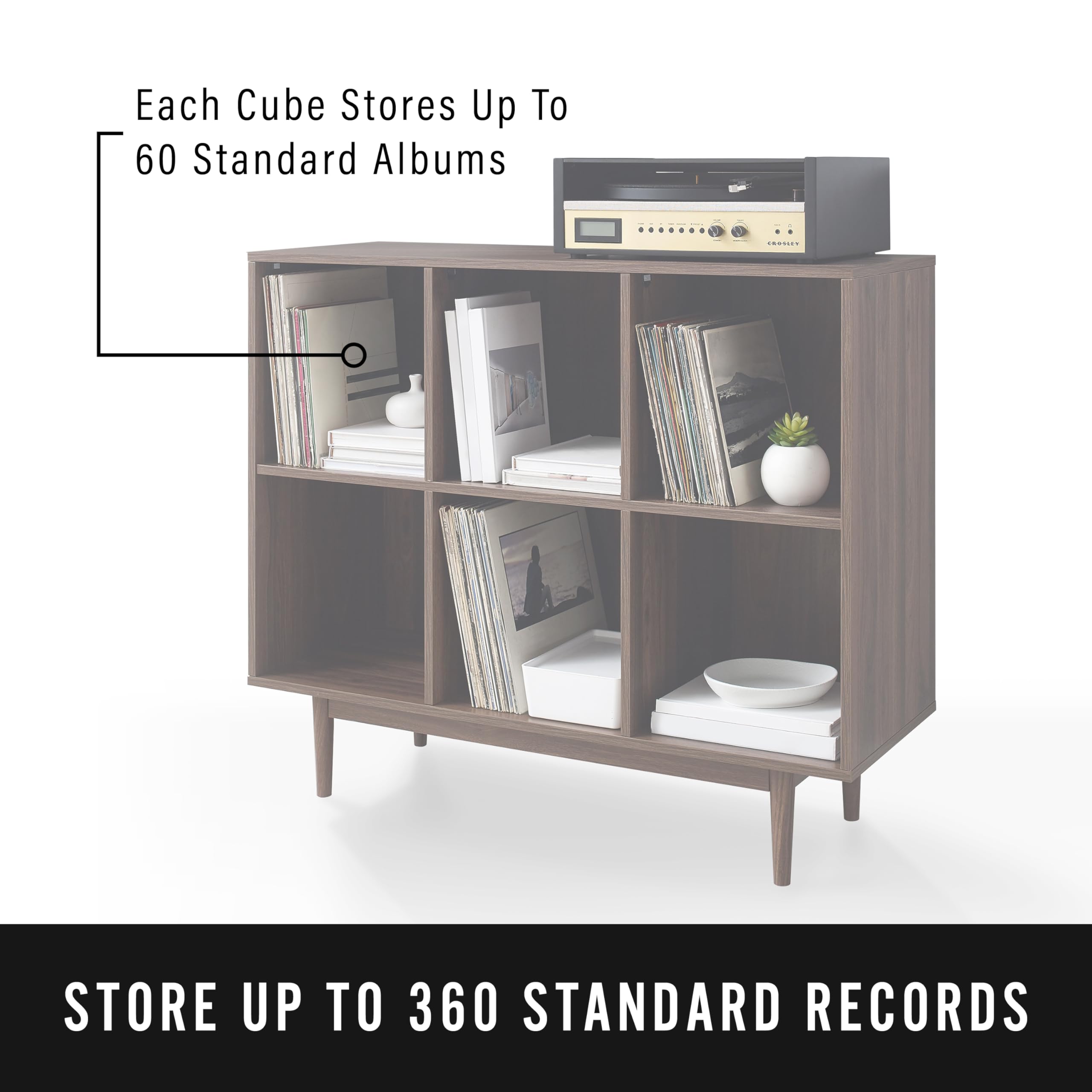 Crosley Furniture Liam Record Storage Cube Bookcase with 6 Cubes, Vinyl Record Holder and Bookshelf, Walnut