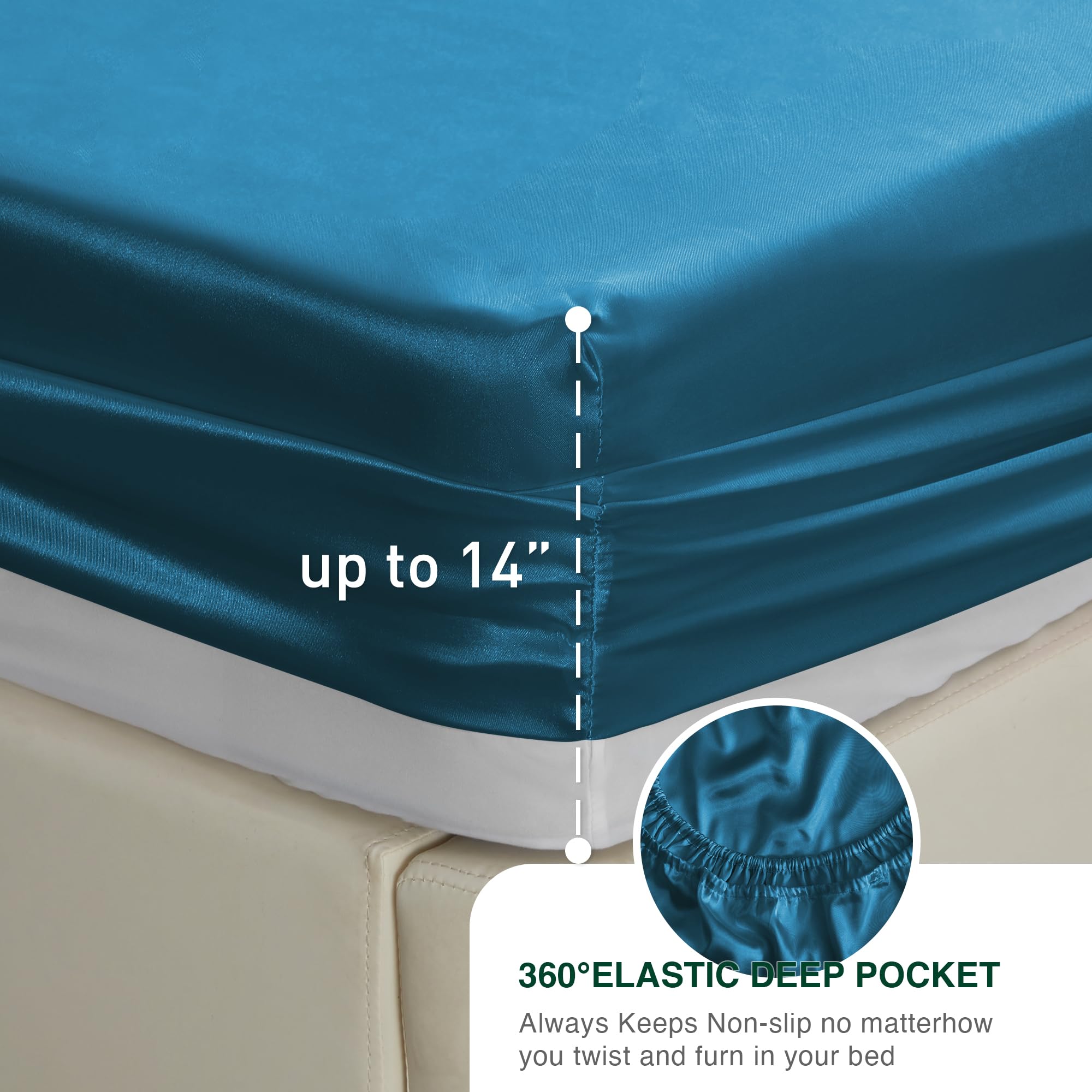 Love'S Cabin Satin King Sheet Sets - 4 Piece Teal Silky Satin Sheets King Size Bed Set With Deep Pocket, Luxury Silk Feel King Size Satin Sheet Set (1 Flat Sheet,1 Fitted Sheet,2 Pillow Cases)