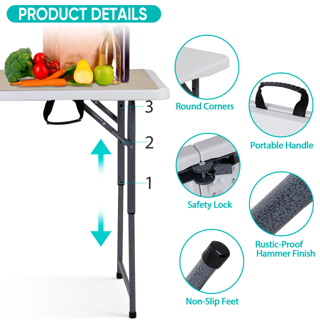 Zenstyle 4 Ft Adjustable Folding Table, Indoor Outdoor Portable Plastic Dining Card Table Utility Table For Camping Dining Event Party, White (48'X24', Rectangular)