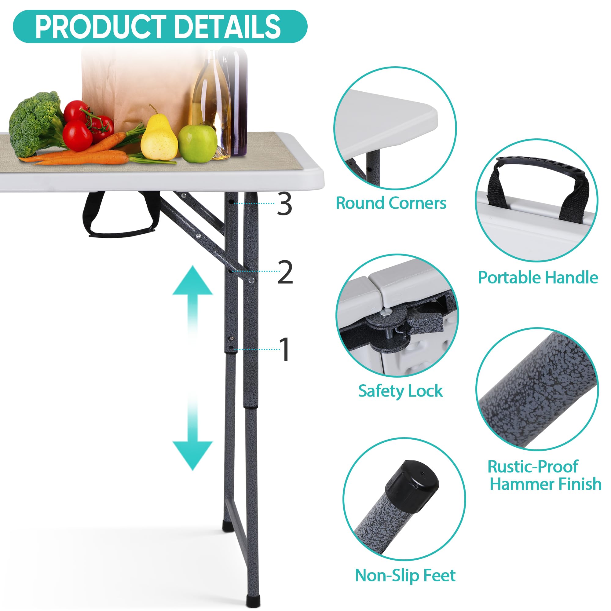 Zenstyle 4 Ft Adjustable Folding Table, Indoor Outdoor Portable Plastic Dining Card Table Utility Table For Camping Dining Event Party, White (48'X24', Rectangular)
