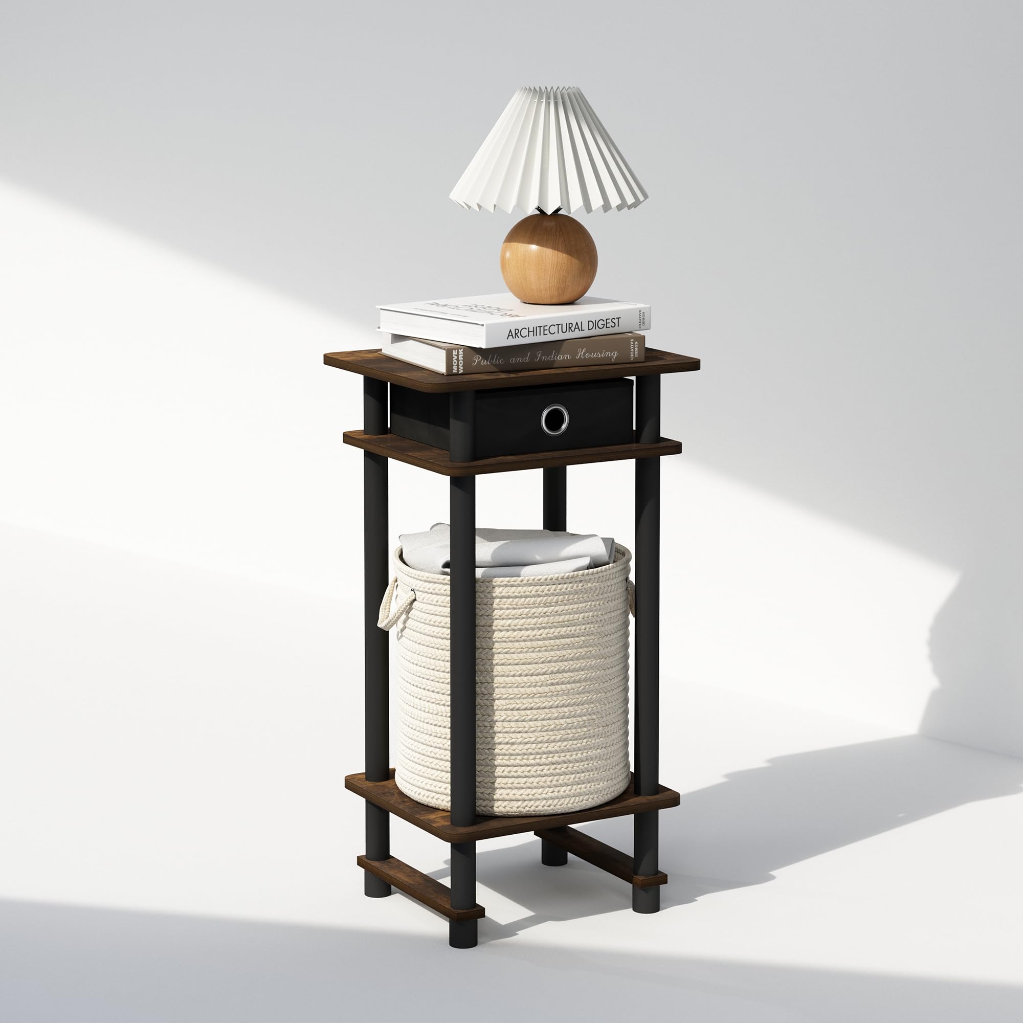 Furinno Turn-N-Tube Tall Nightstand With Bin, 1-Pack, Plastic Poles, Amber Pine/Black